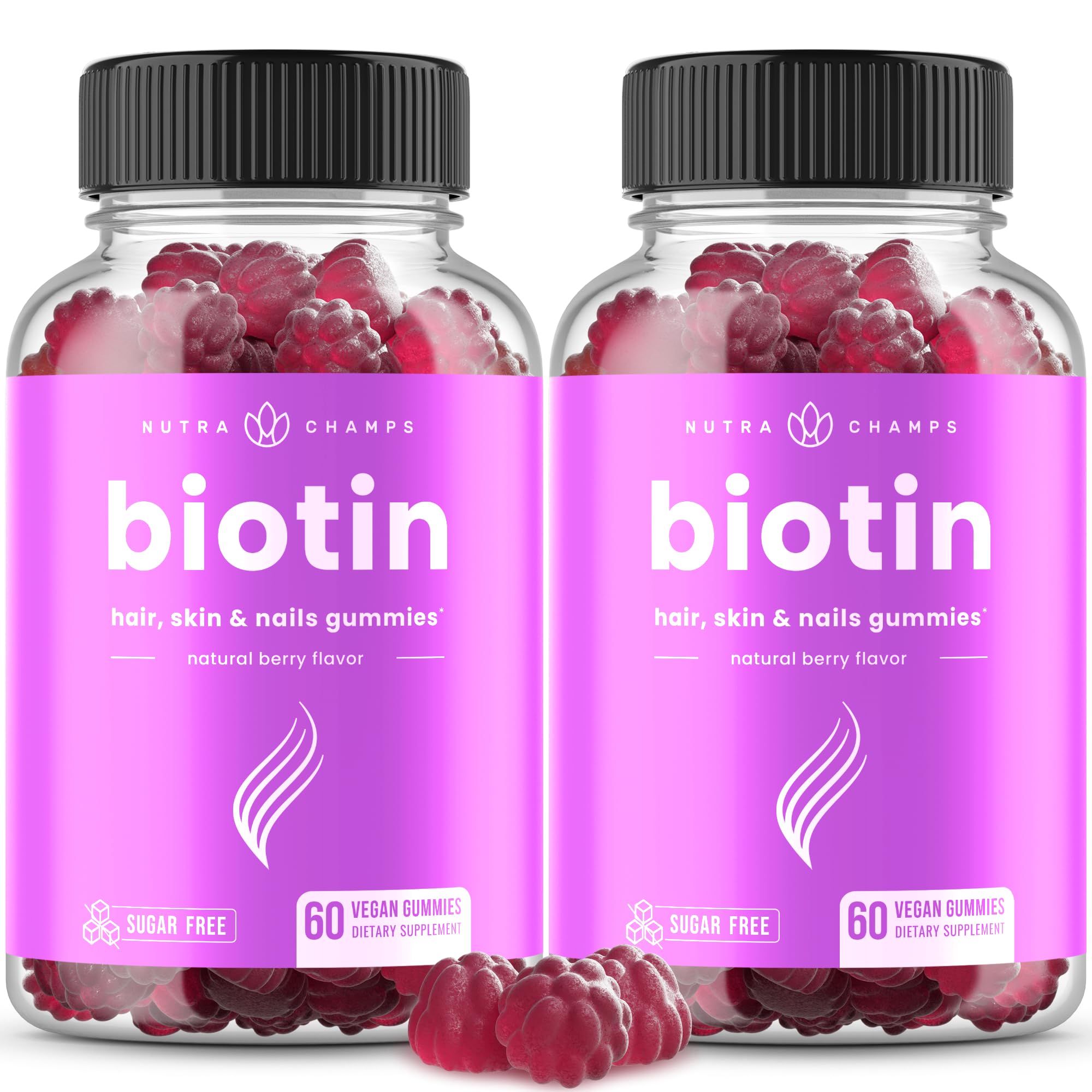 NutraChamps Biotine Gummies framboise flacon soutien cheveux potentiels et peau lumineuse