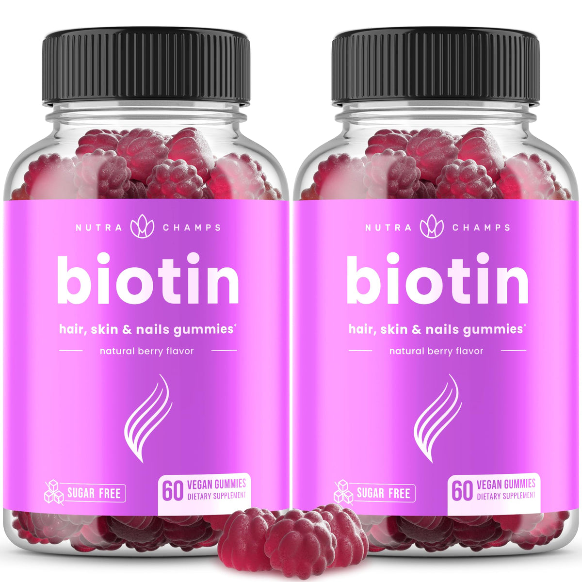 NutraChamps Biotine Gummies framboise flacon soutien cheveux potentiels et peau lumineuse