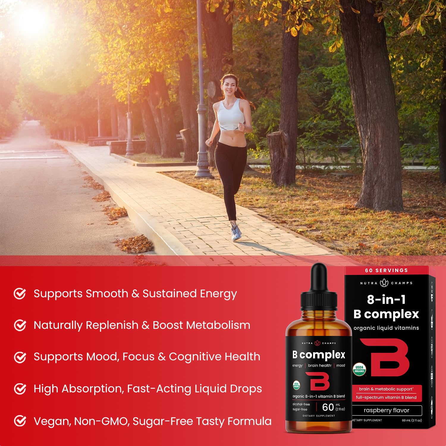 NutraChamps Complexe B B1–B9: gouttes fruits favorisant l'absorption et le métabolisme.