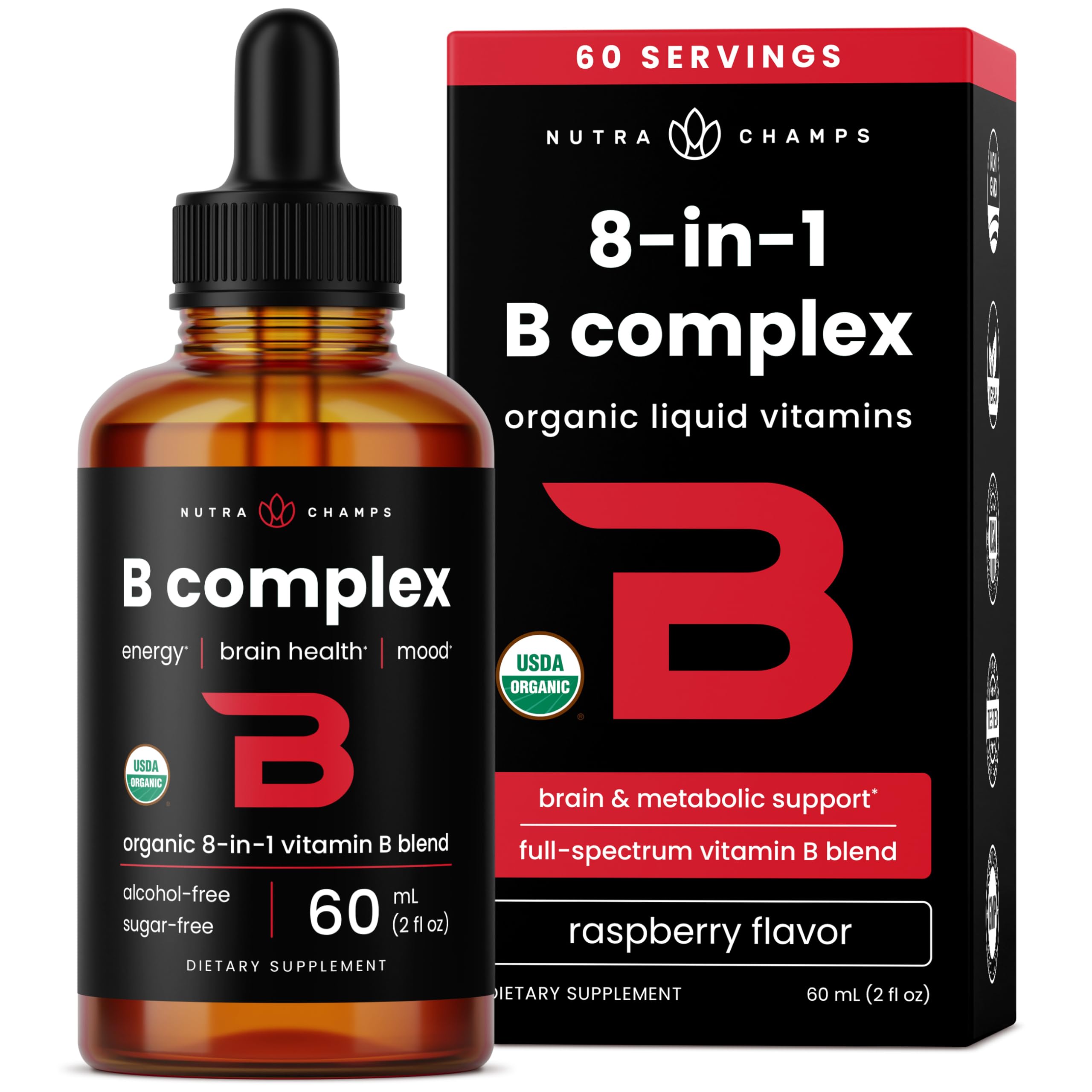 NutraChamps Complexe B gouttes sublinguales B12 méthylée pour énergie rapide.