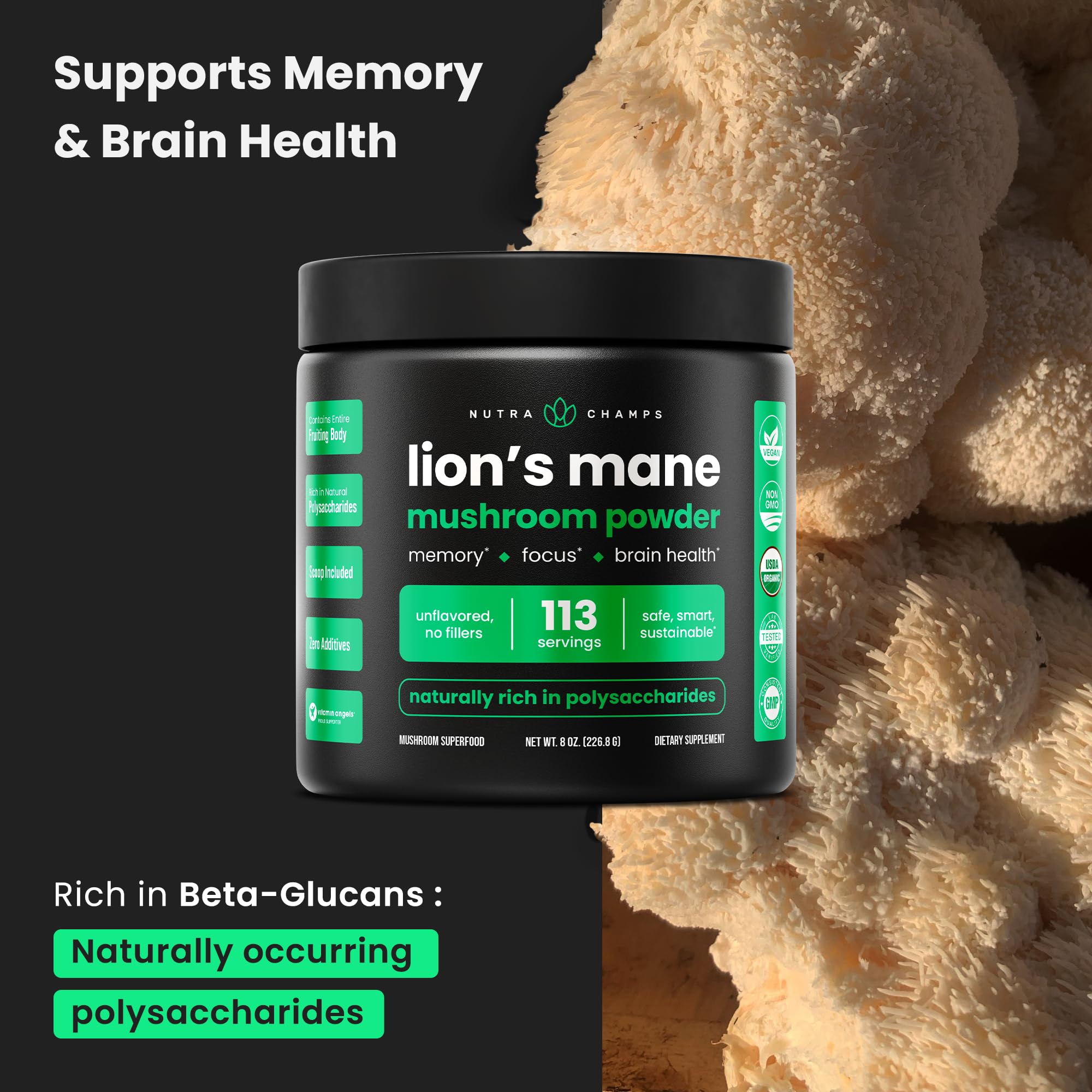 NutraChamps Crinière de Lion Poudre — doseur pratique pour mesurer facilement