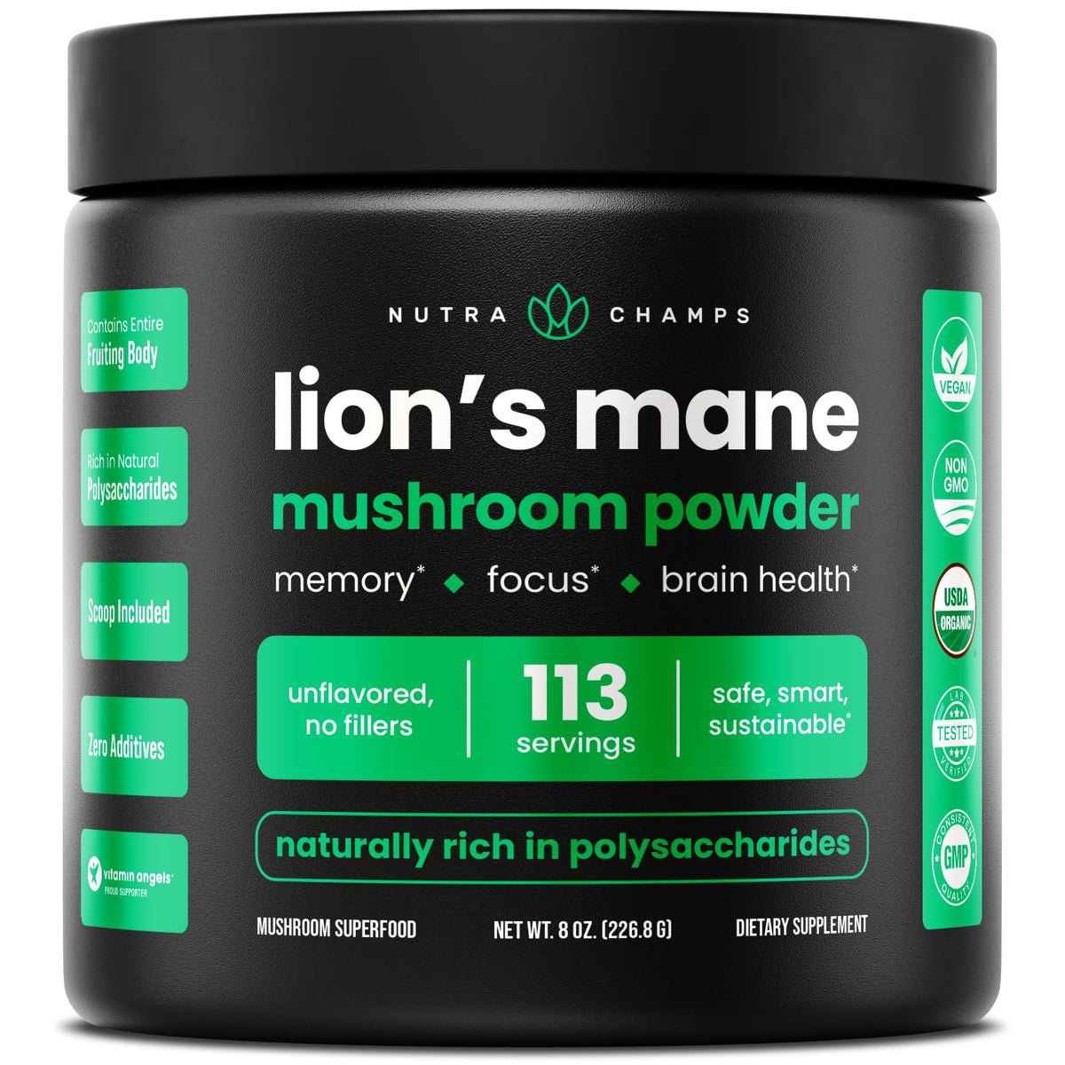 NutraChamps Crinière de Lion Poudre — emballage élégant pour soutenir la concentration