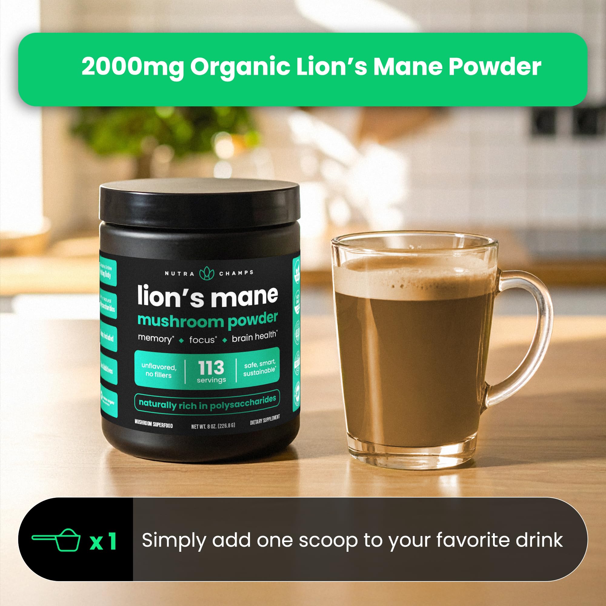 NutraChamps Crinière de Lion Poudre — mélange facile dans café ou smoothie