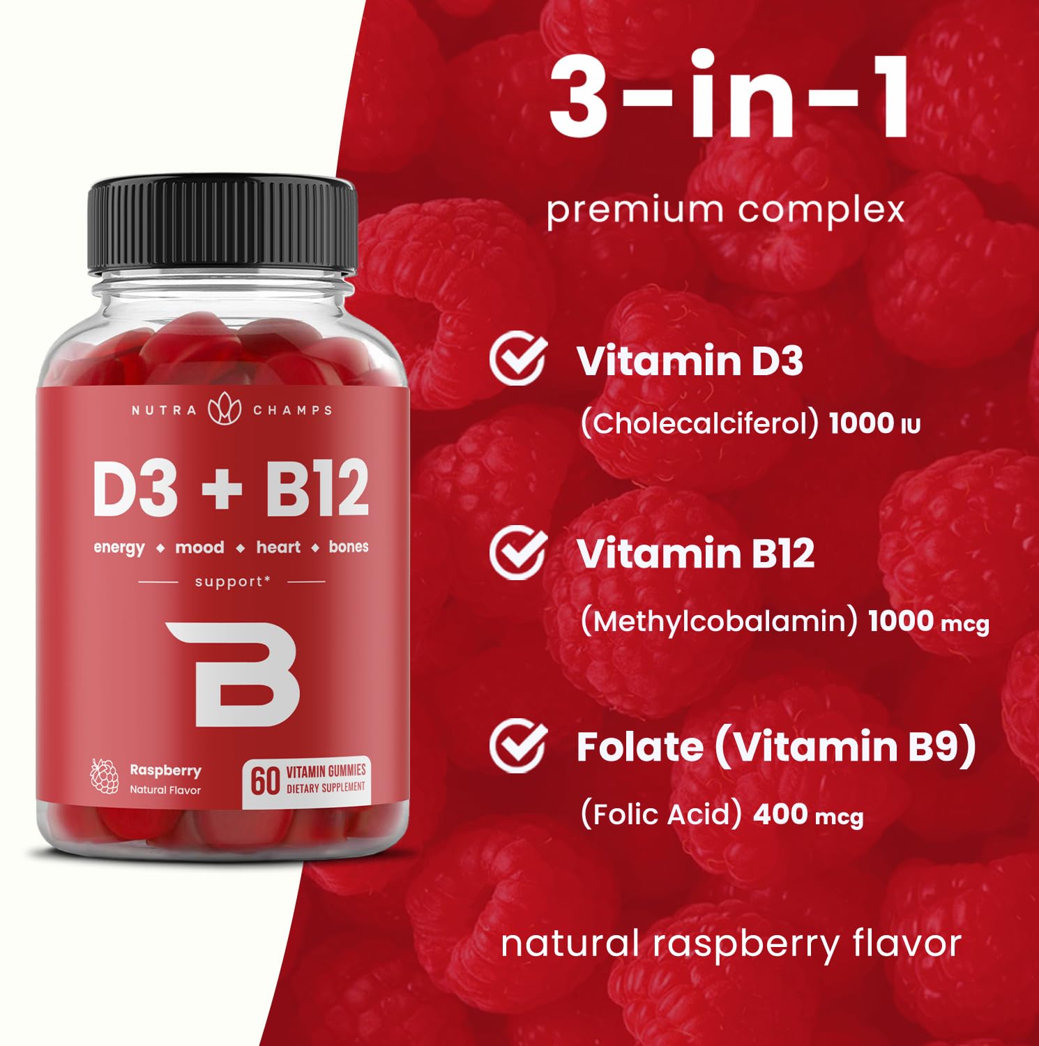 Étiquette NutraChamps affichée, informations claires et traçabilité du produit.