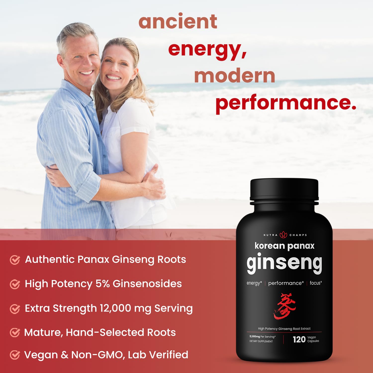 NutraChamps Ginseng Coreen Rouge — etiquette: produit premium et énergie naturelle.