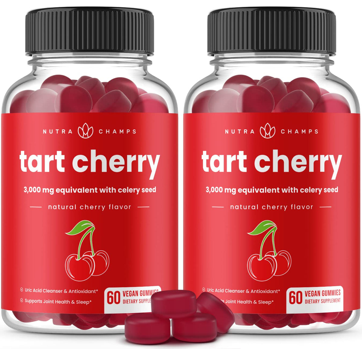 NutraChamps gommes cerise-aigre dans une bouteille, soutien potentiel des articulations et du sommeil.