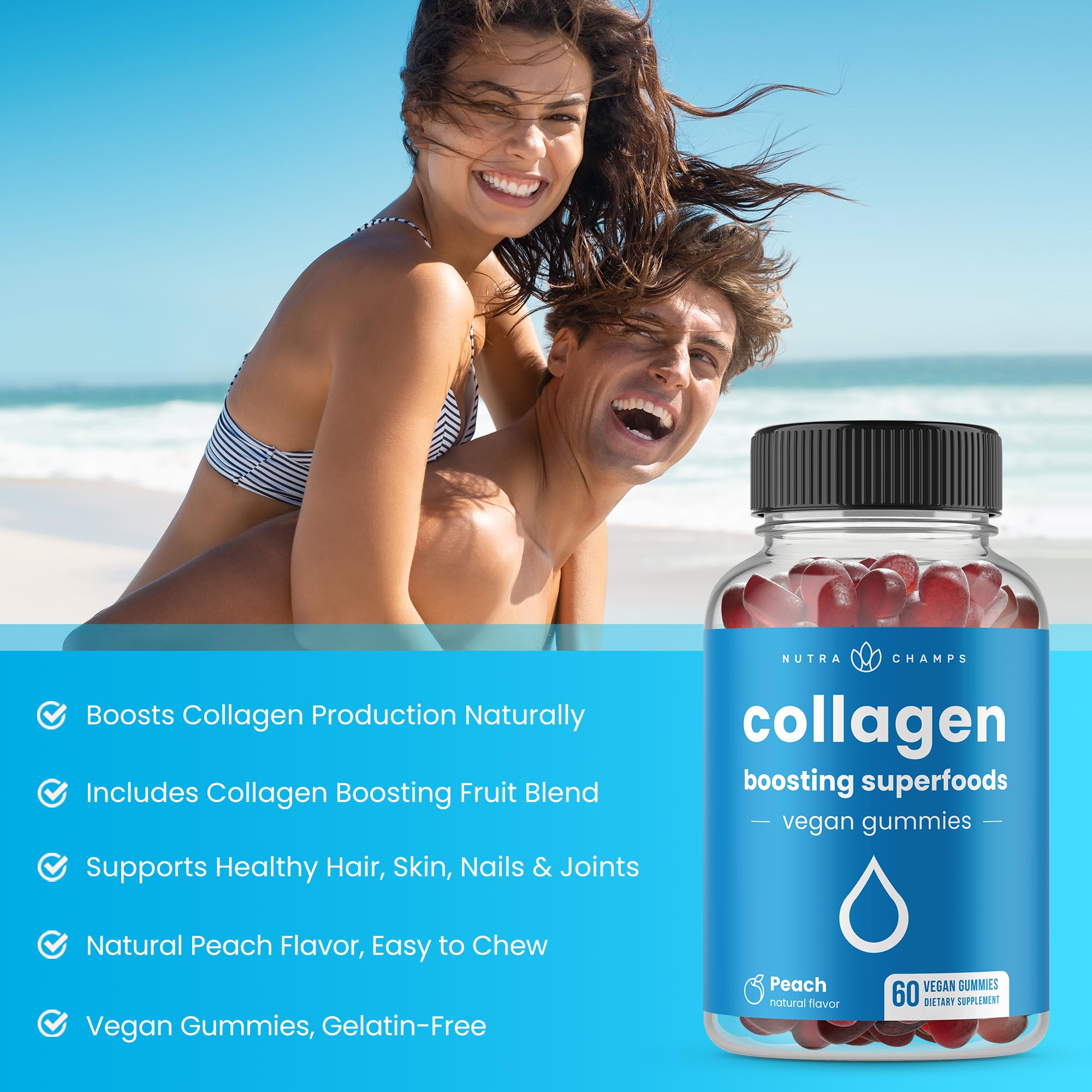 NutraChamps Gommes Collagène – goût pêche agréable et texture facile à mâcher.
