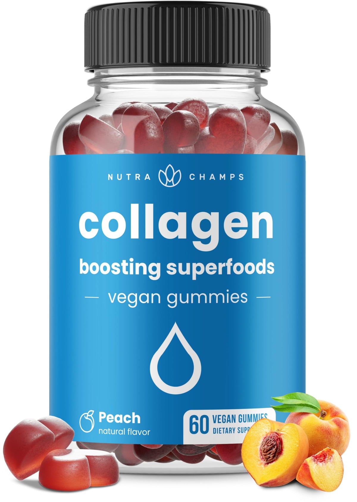 NutraChamps Gommes Collagène pêche – bouteille attrayante pour une routine beauté quotidienne.