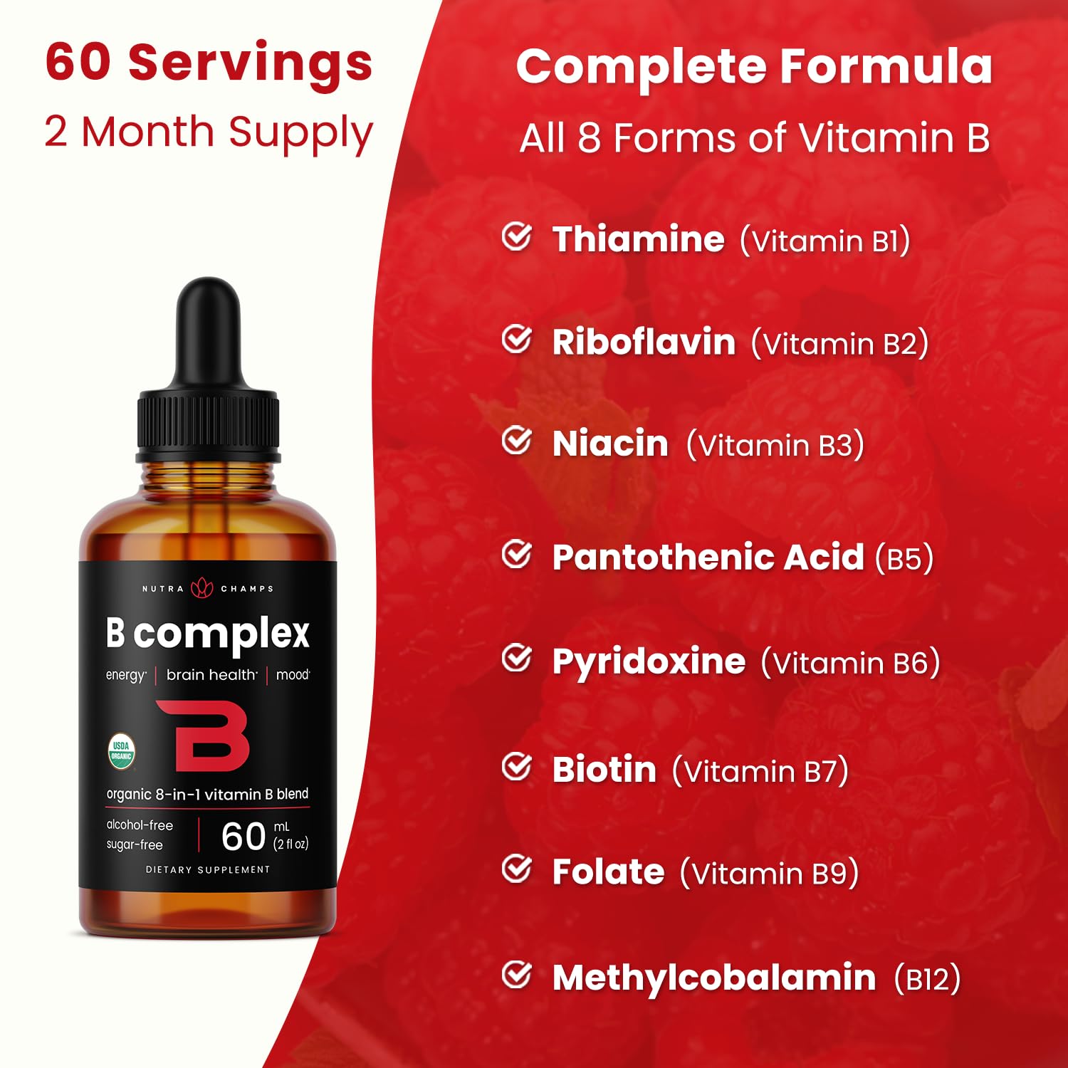 NutraChamps Gouttes B: énergie soutenue et métabolisme grâce à huit formes.
