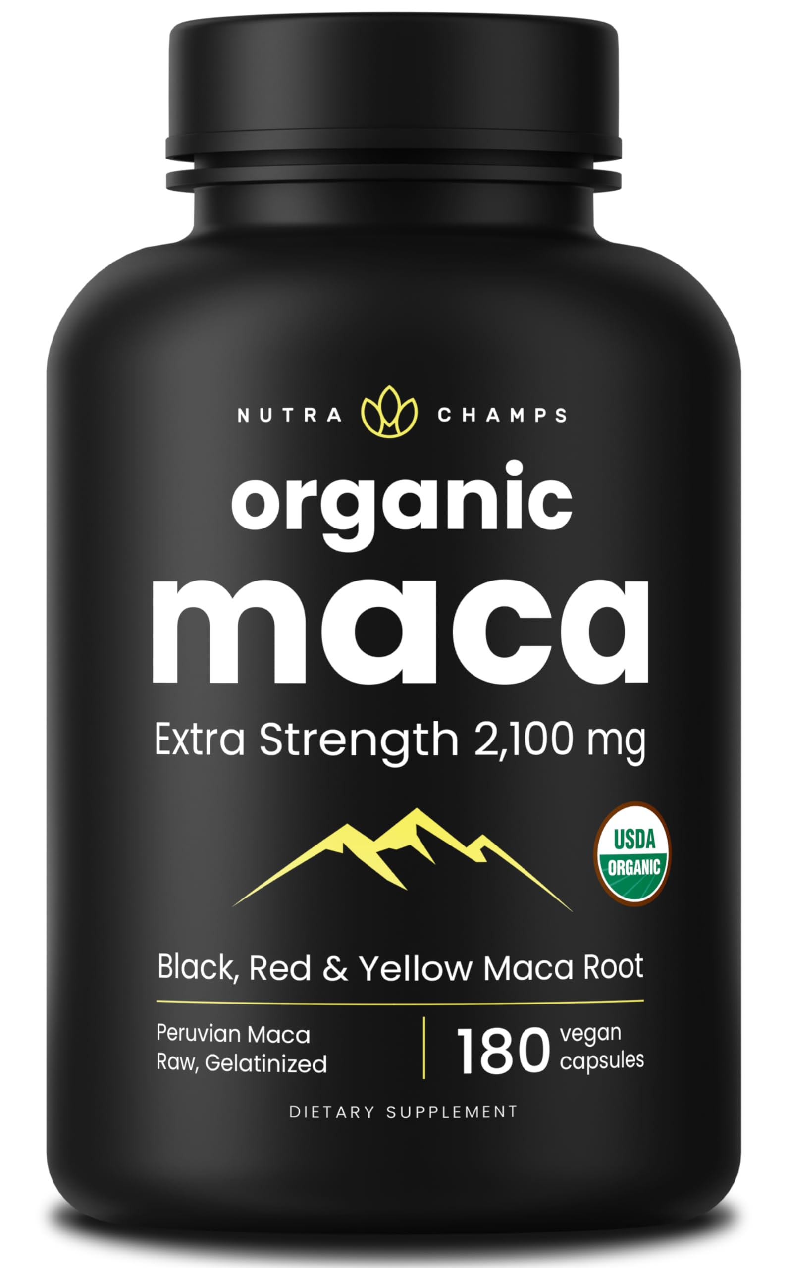 NutraChamps Maca Bio 2100mg: bouteille de capsules énergisantes et naturelles
