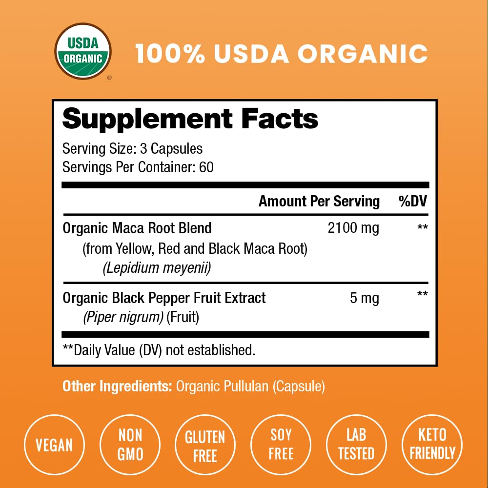 NutraChamps Maca Bio: capsules colorées noires, rouges et jaunes pour équilibre
