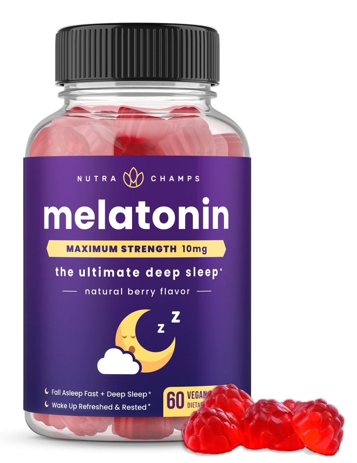 NutraChamps Mélatonine Gommes Bouteille favorise un endormissement naturel et reposant.
