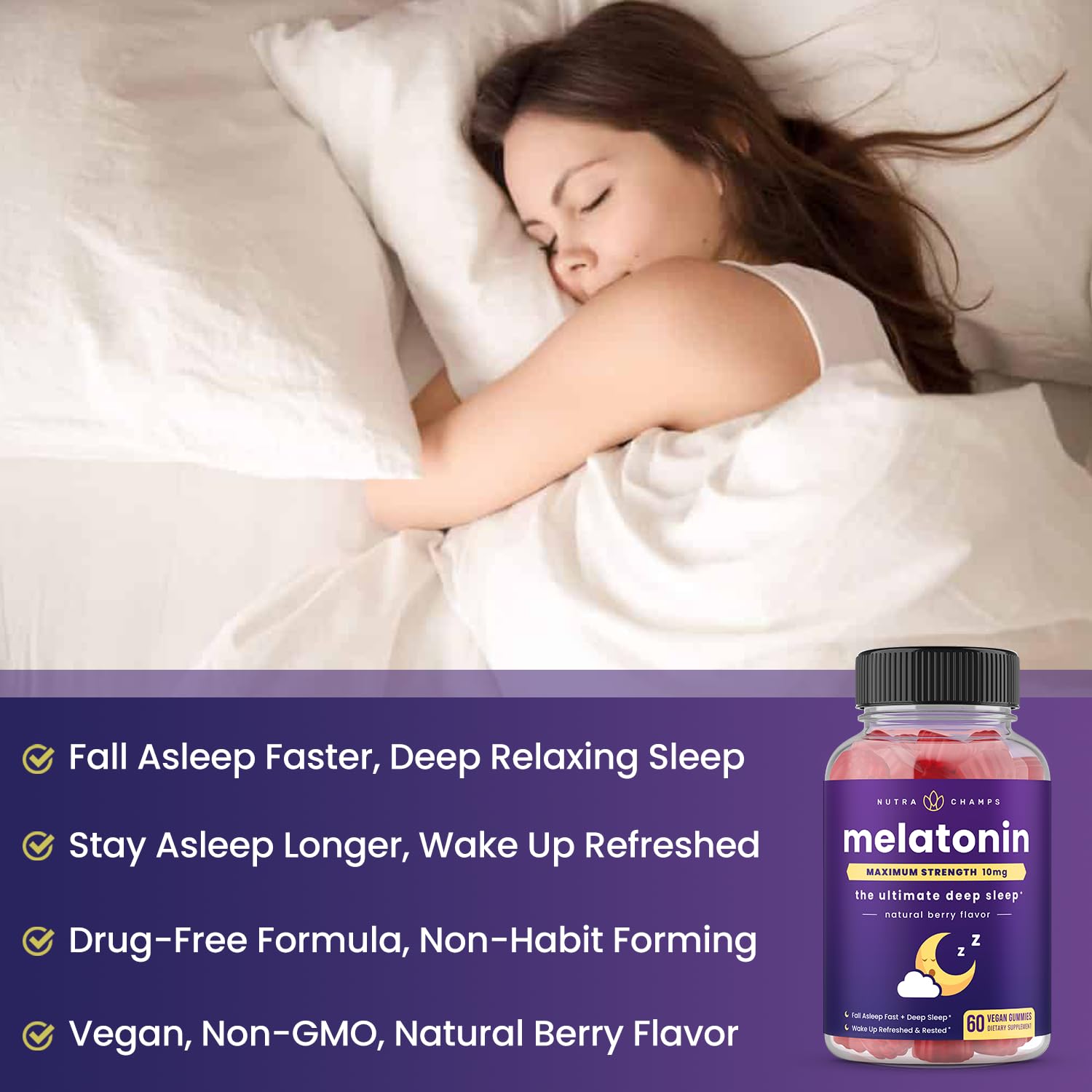 NutraChamps Mélatonine Gommes Prise Nocturne facilite un réveil frais et détendu.