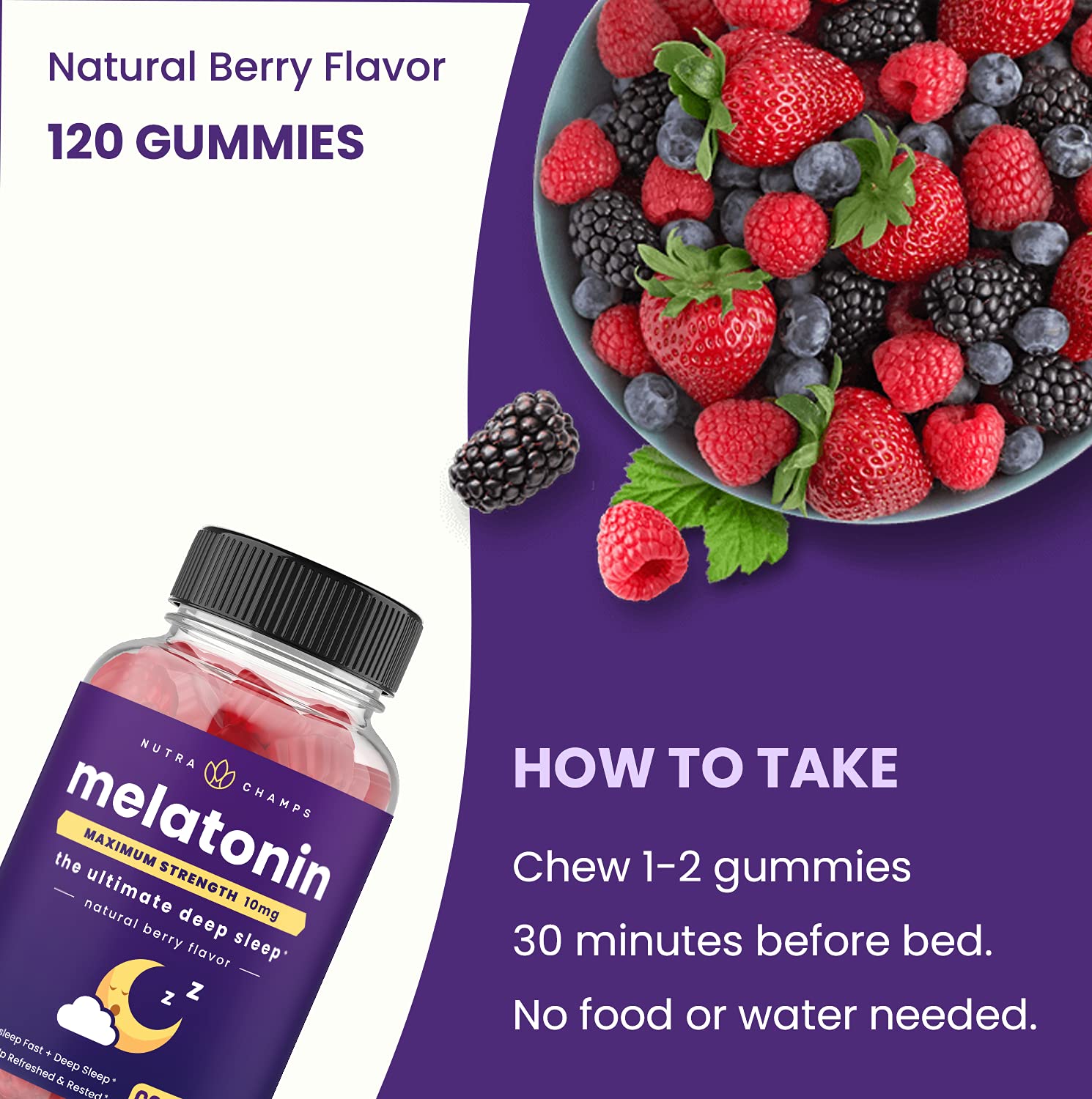 NutraChamps mélatonine gommes dosage 10 mg faciles à prendre chaque soir.