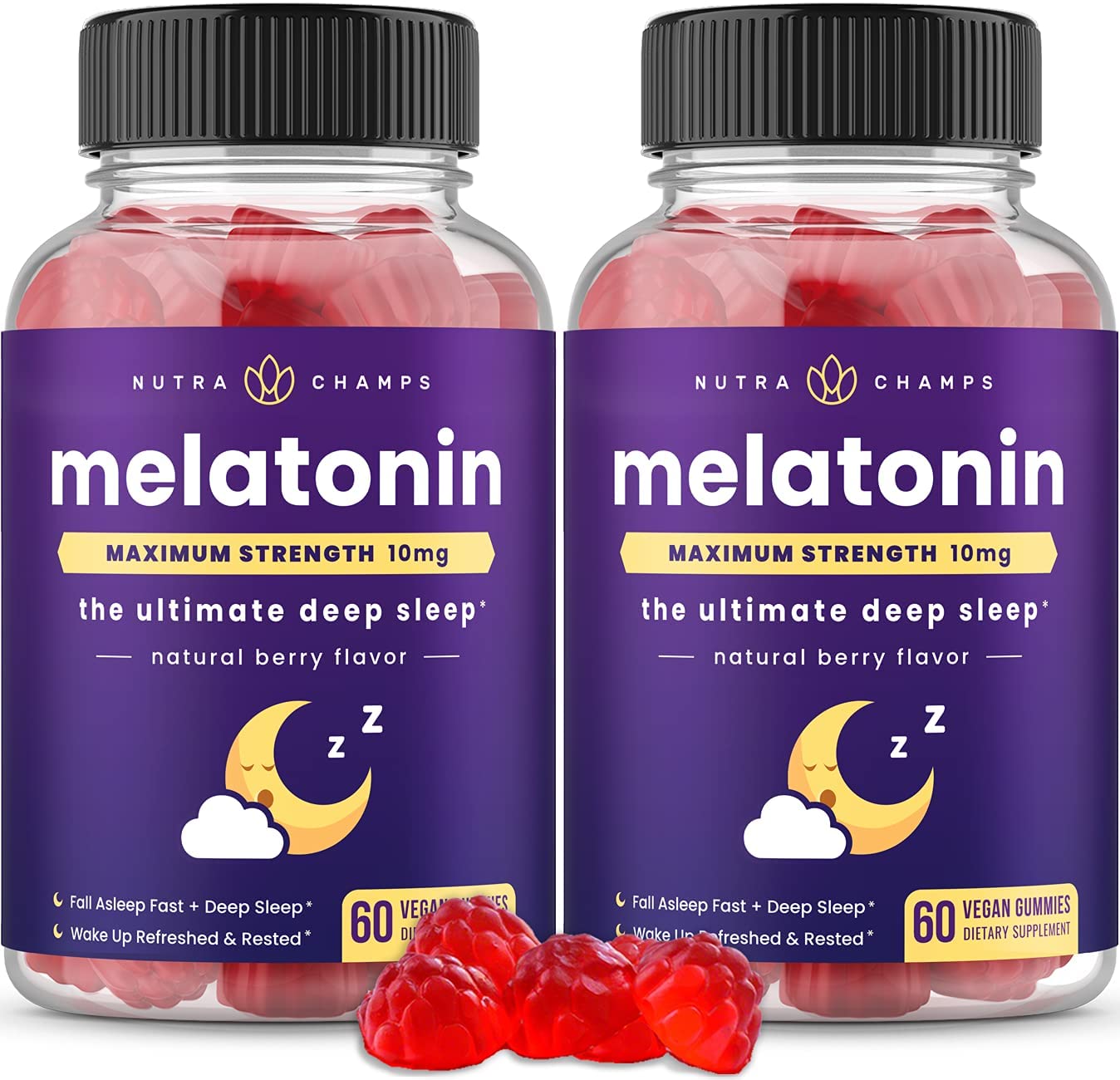 NutraChamps mélatonine gommes flacon montrant le dosage et le sommeil naturel.