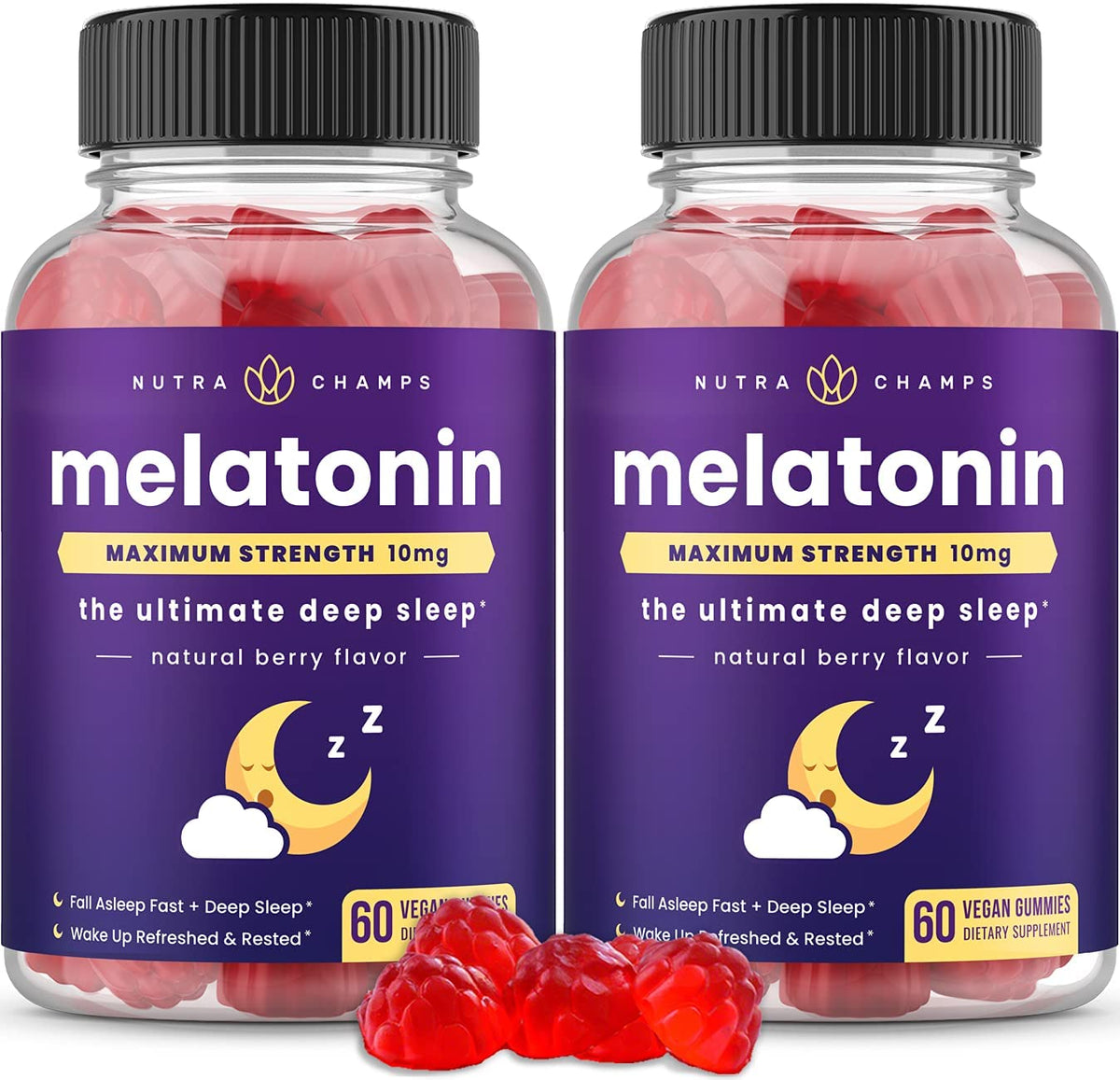 NutraChamps mélatonine gommes flacon montrant le dosage et le sommeil naturel.