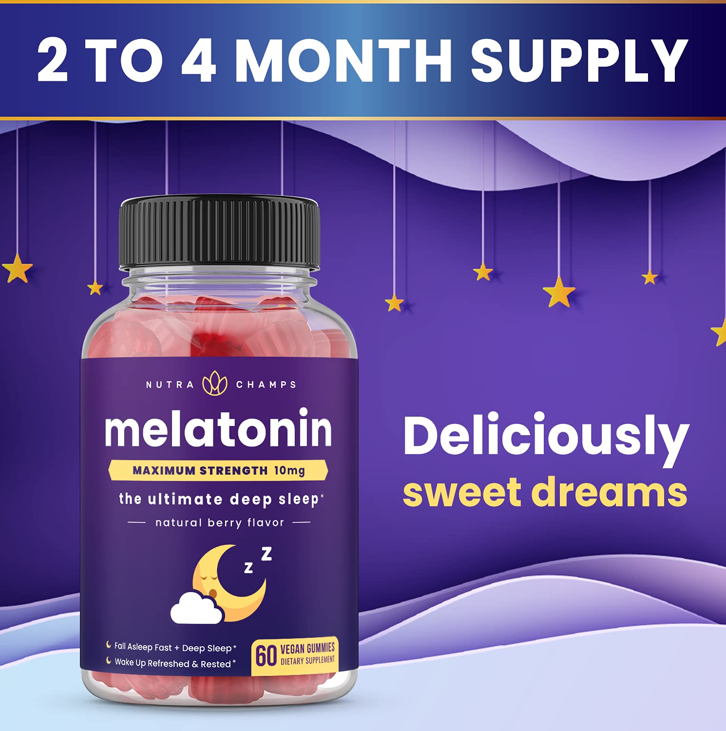 NutraChamps mélatonine gommes étiquette fraise pratique avant le coucher.