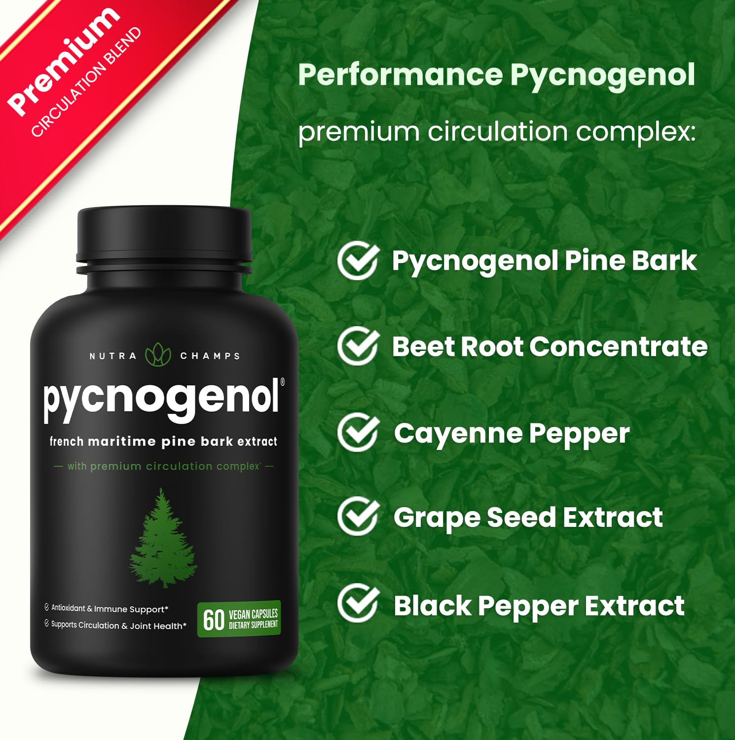 NutraChamps Pycnogenol: étiquette montrant le mélange premium et l absorption améliorée.