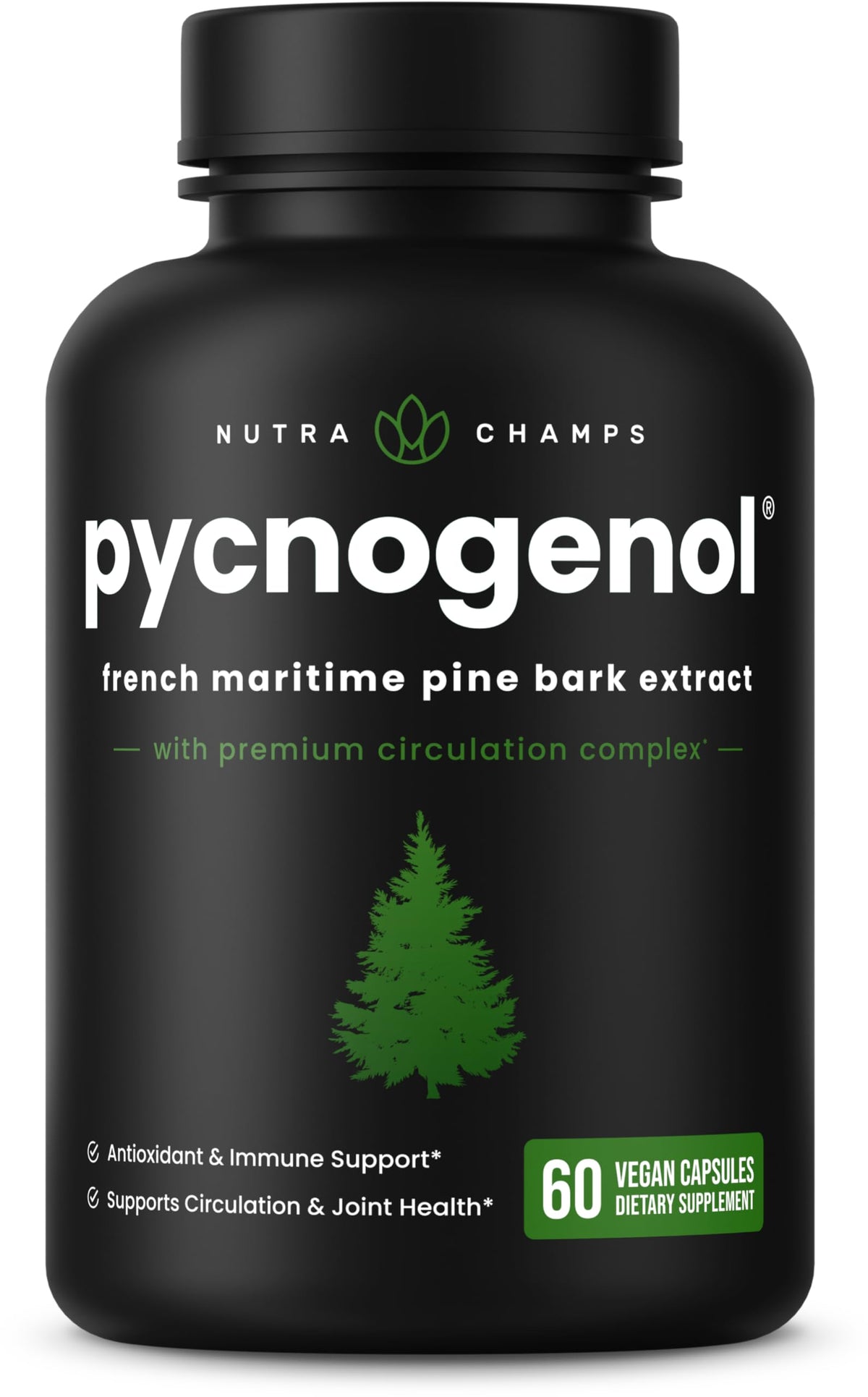 NutraChamps Pycnogenol: bouteille montrant l'extrait Pin Maritime et une circulation potentielle.