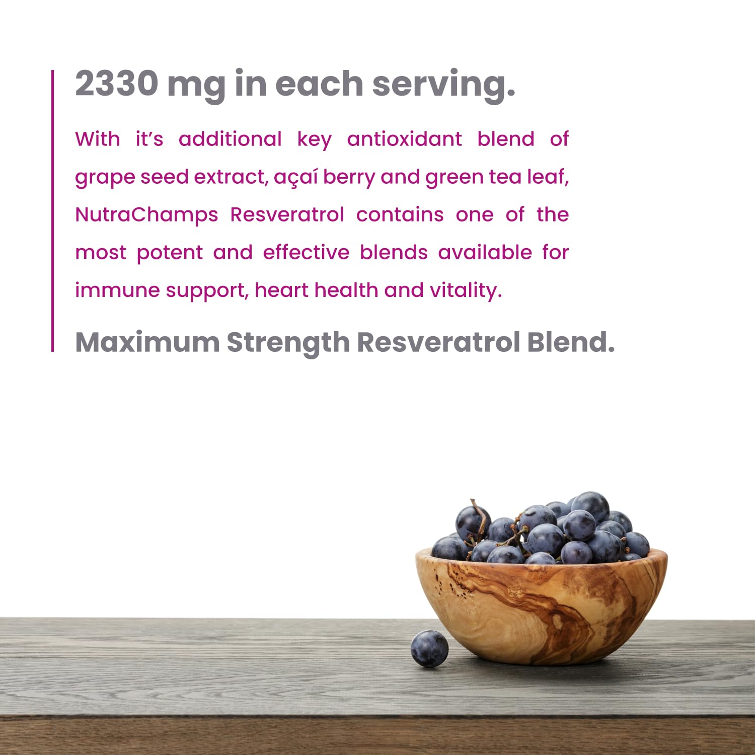 NutraChamps Resveratrol étiquette recto expose les détails importants et le dosage.