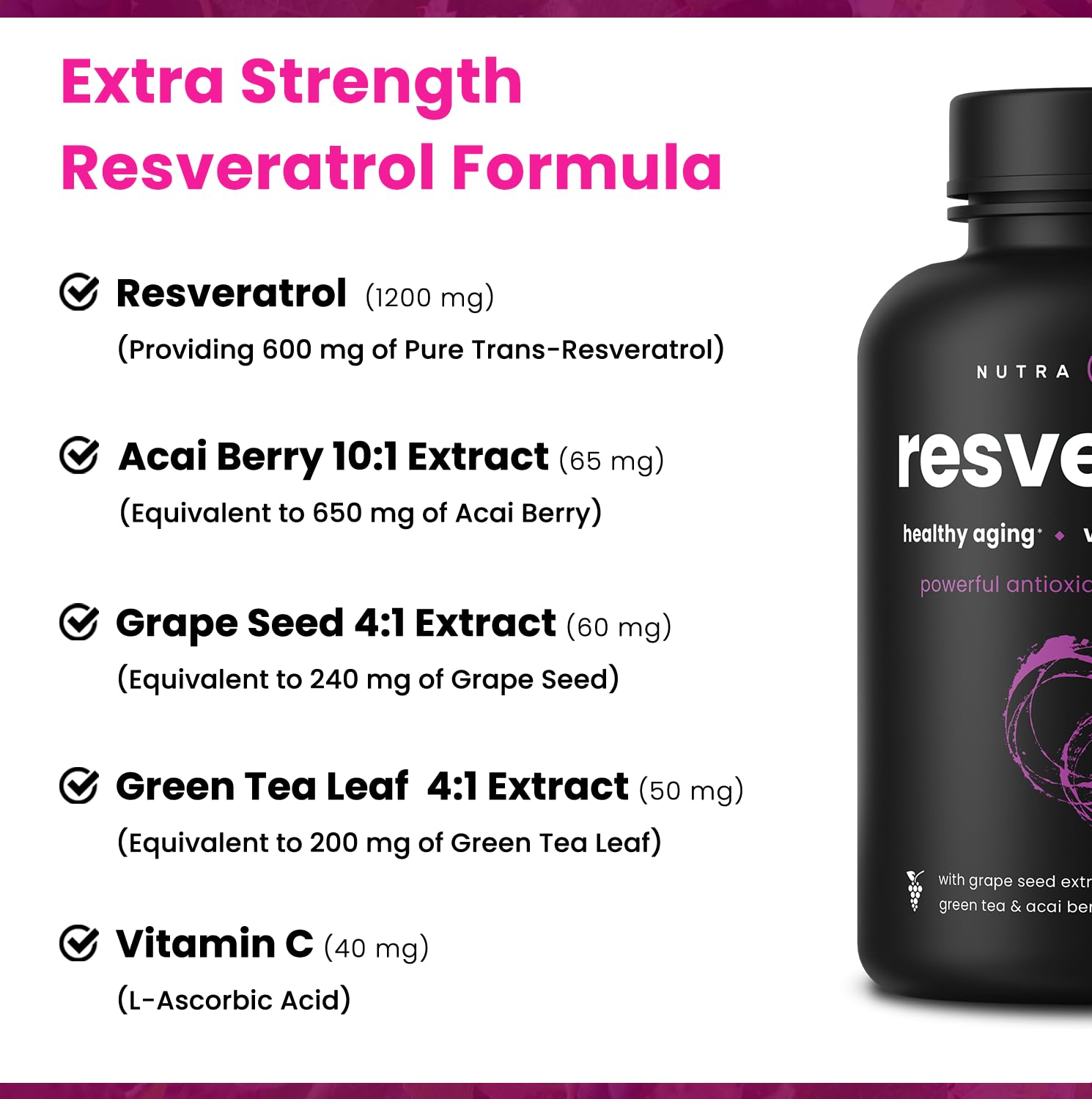 NutraChamps Resveratrol étiquette verso indique les informations nutritionnelles et les ingrédients.