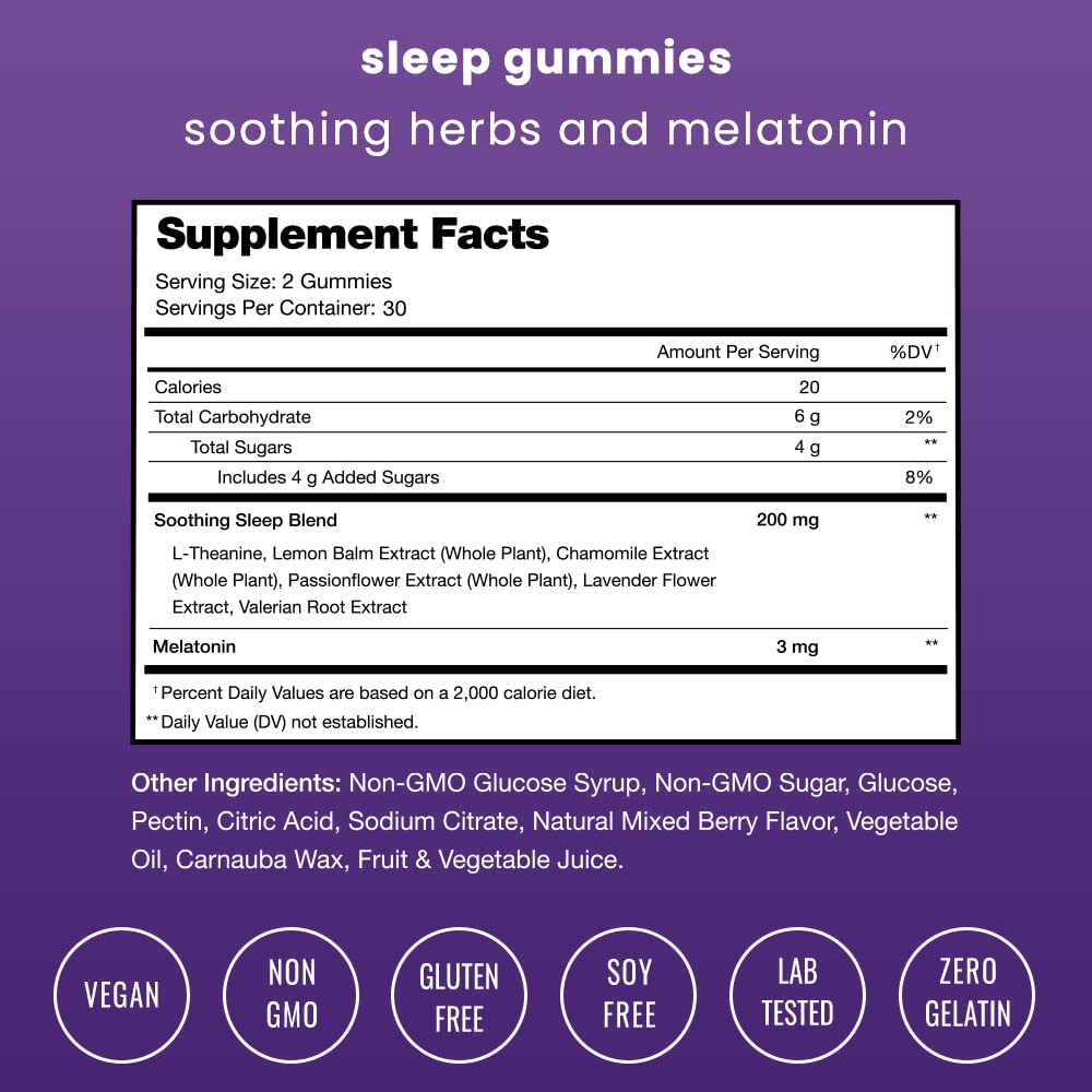 Gommes NutraChamps Sommeil avec mélange d’herbes pour un endormissement en douceur.