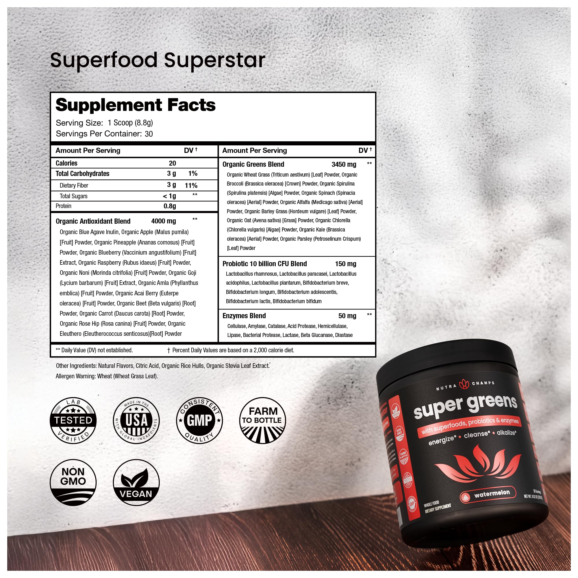 NutraChamps Super Greens – ingrédients biologiques visibles dans la poudre