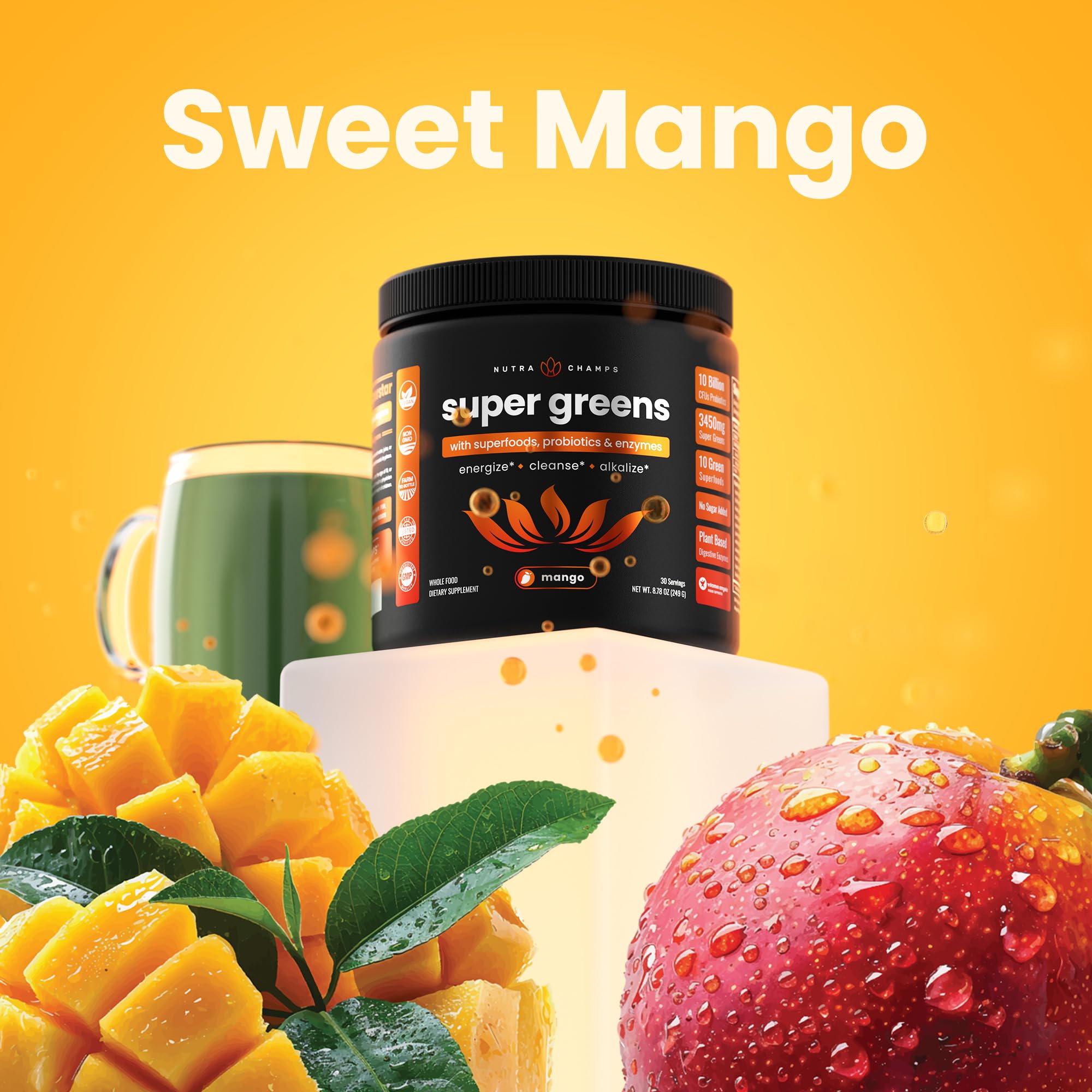 NutraChamps Super Greens, zoom sur les ingrédients, riche en nutriments et antioxydants.