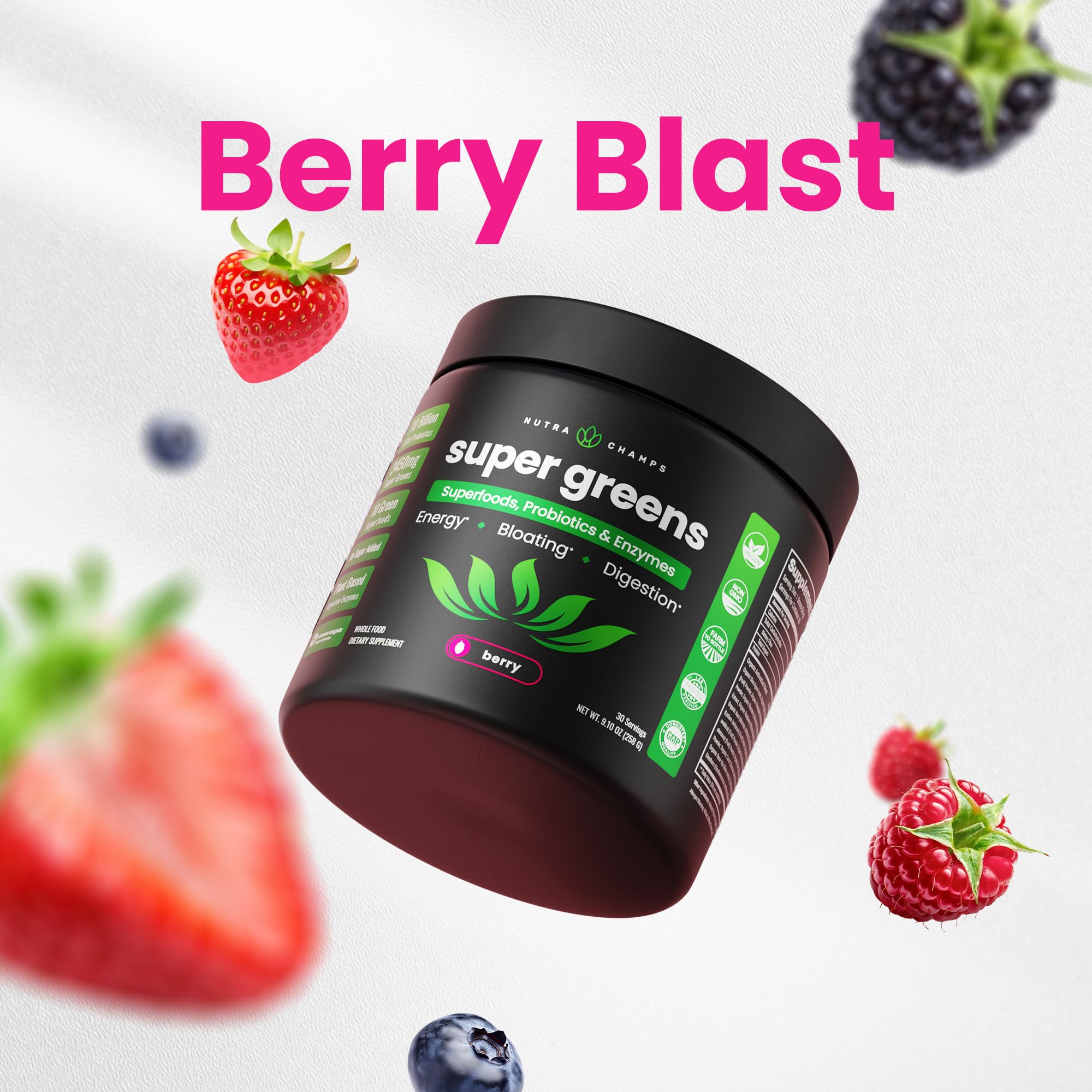 NutraChamps Super Greens - poudre verte, apport nutritionnel pratique au quotidien.