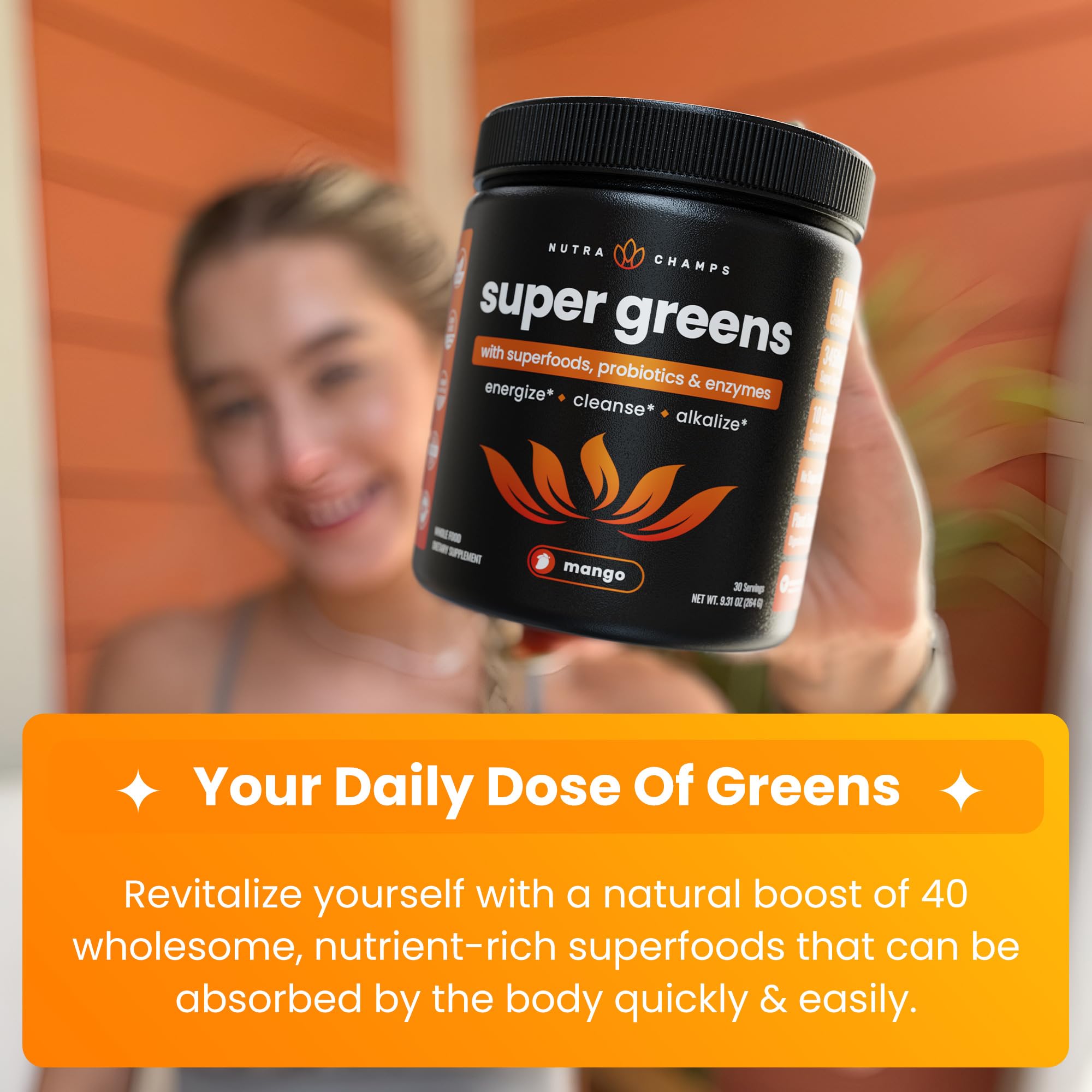 NutraChamps Super Greens, préparation rapide à emporter, boisson nutritive en déplacement.