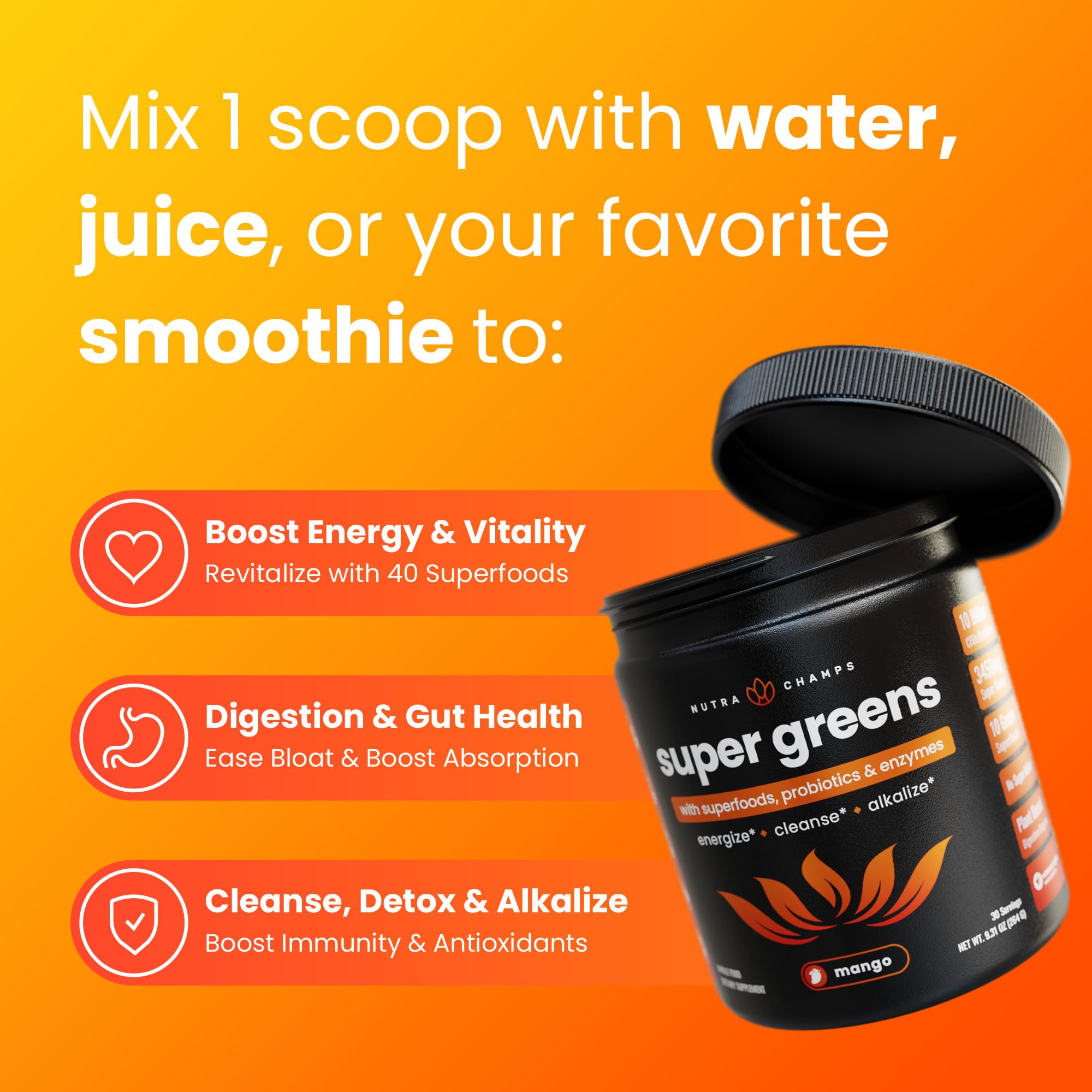NutraChamps Super Greens, tableau nutritionnel et variété de nutriments, soutien d’un mode de vie actif.