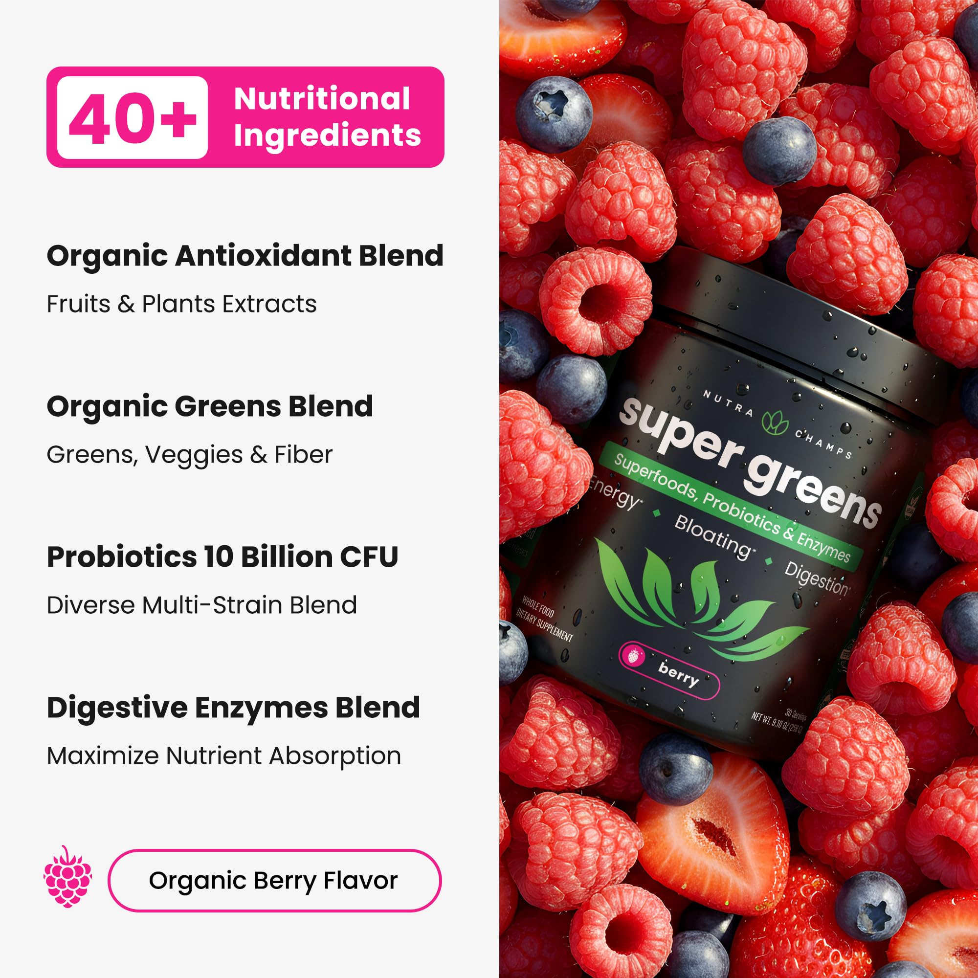 NutraChamps Super Greens - verre mélange, boisson rafraîchissante et saine.