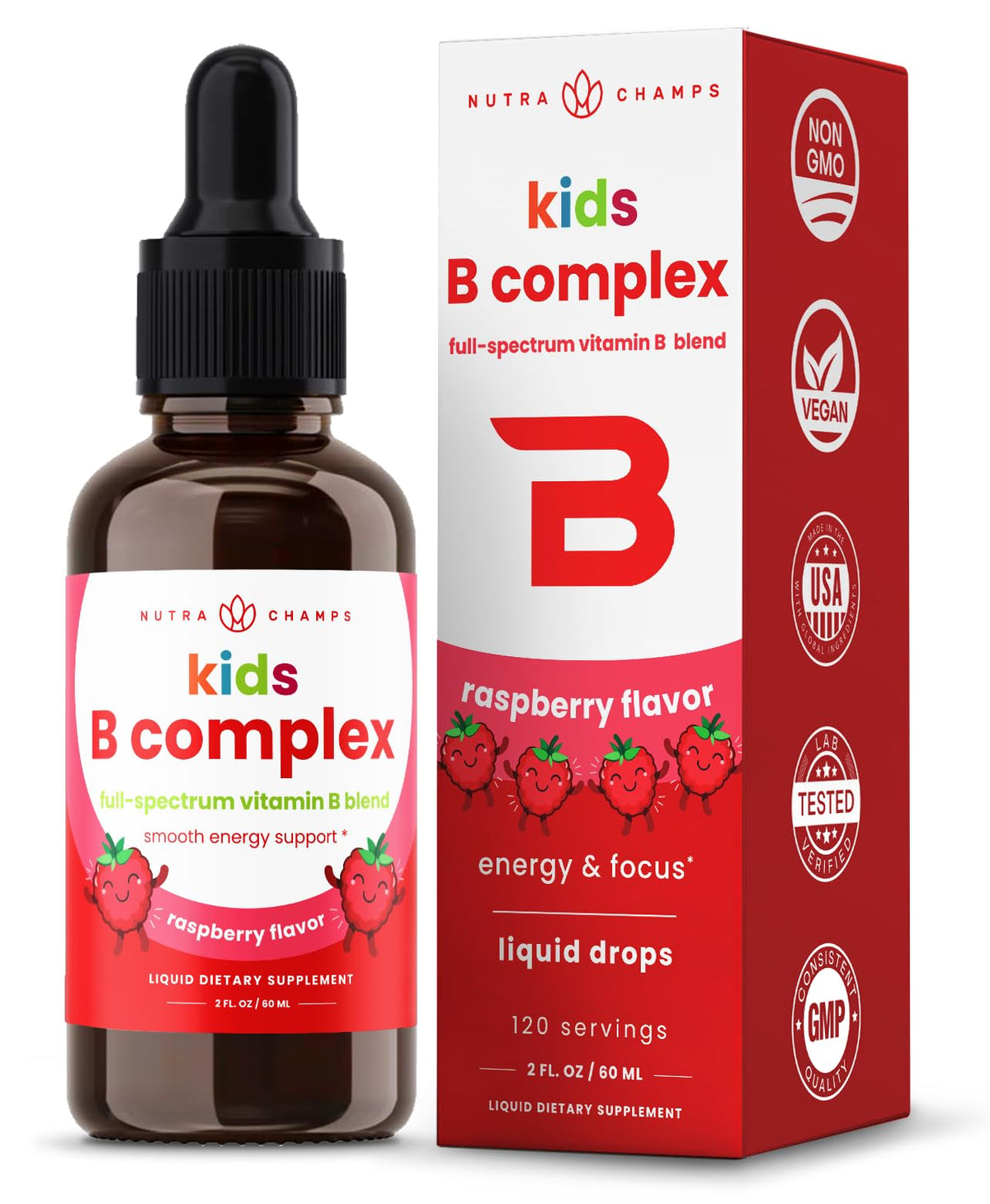 NutraChamps Vitamine B Complex enfants – flacon au goût fruits rouges pratique.
