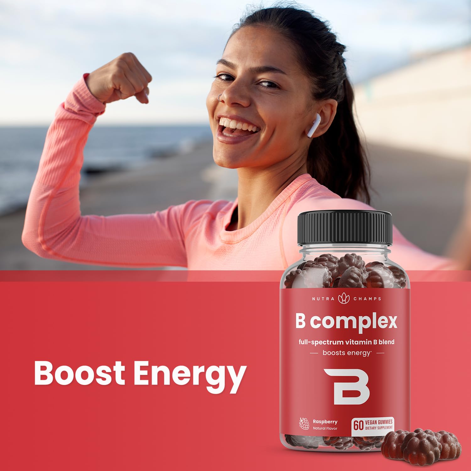 NutraChamps Gommes Complexe Vitamine B – gommes framboise, énergie naturelle en mouvement.