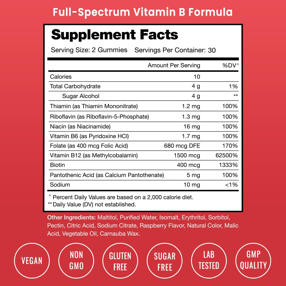 NutraChamps Gommes Complexe Vitamine B – goût-framboise, saveur naturelle et énergie.
