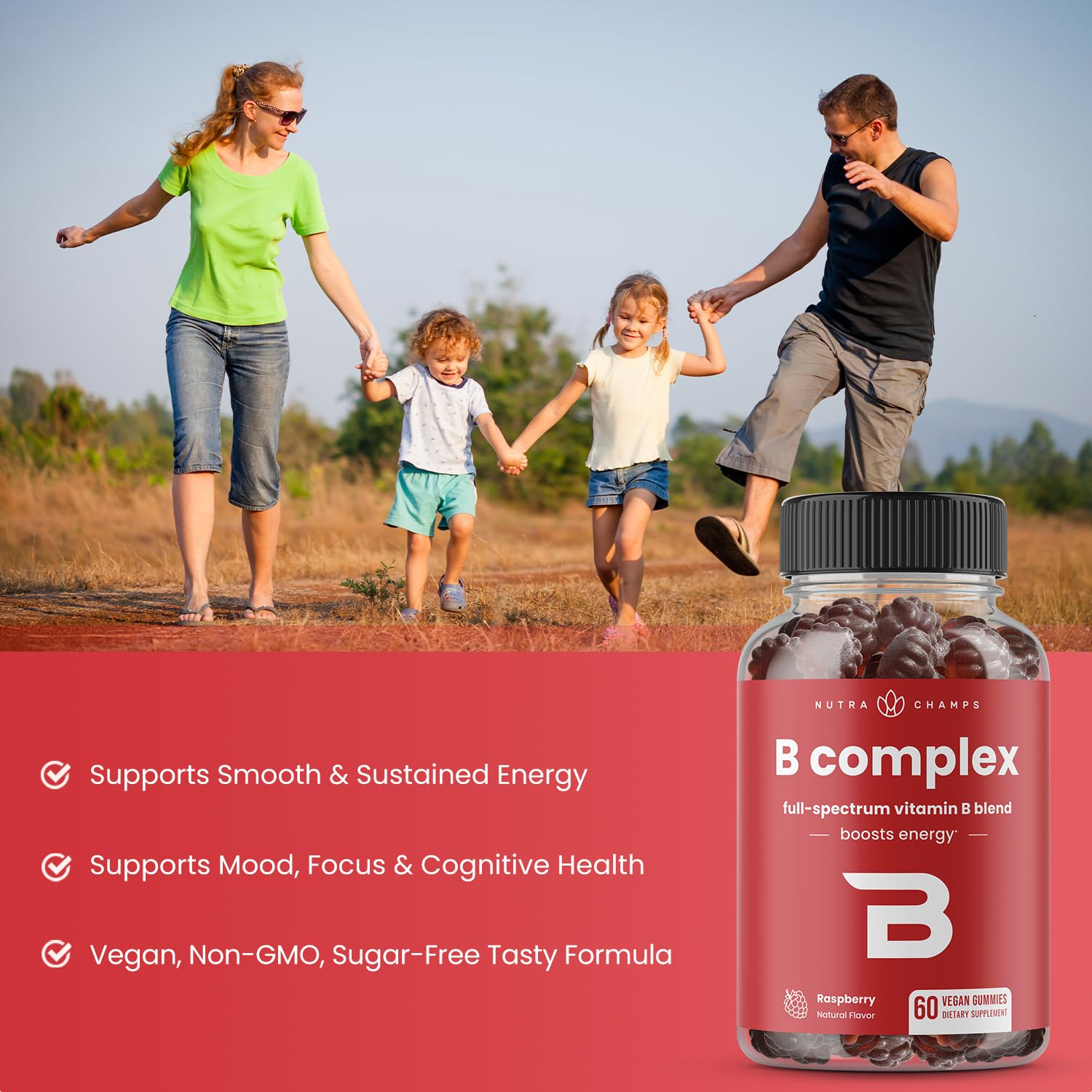 NutraChamps Gommes Complexe Vitamine B – texture douce et goût agréable pour l'énergie quotidienne.
