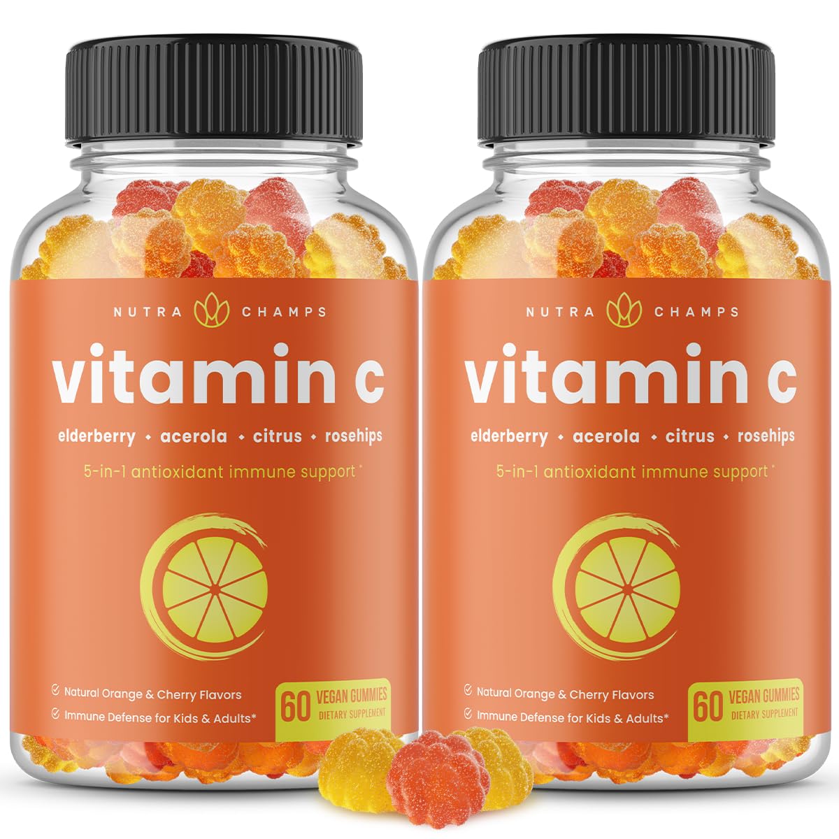 NutraChamps Vitamine C Gummies, bouteille cerise et orange, goût fruité et pratique.