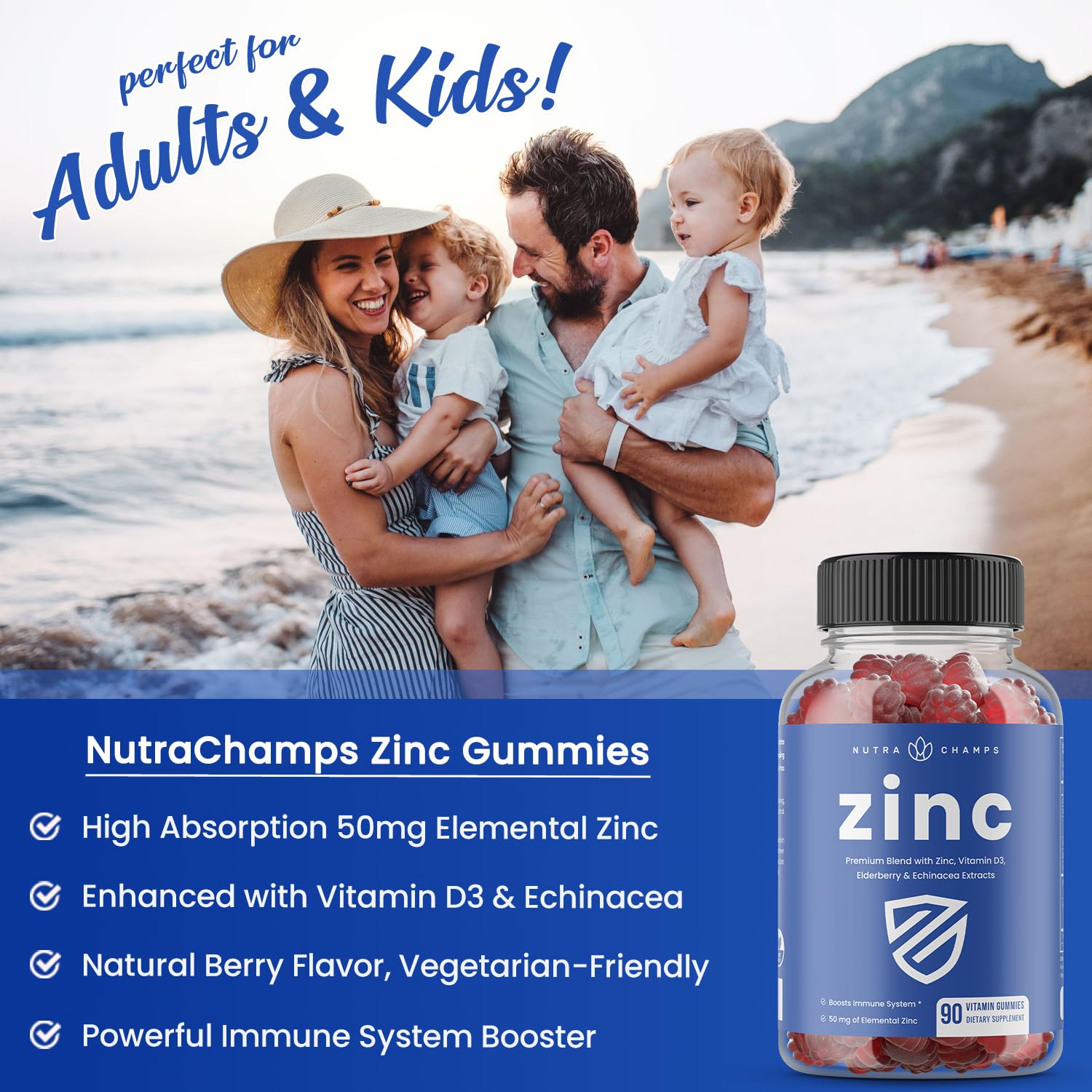 NutraChamps Zinc Gummies flacon details, formulation végétarienne et qualité.
