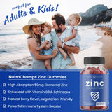 NutraChamps Zinc Gummies flacon details, formulation végétarienne et qualité.