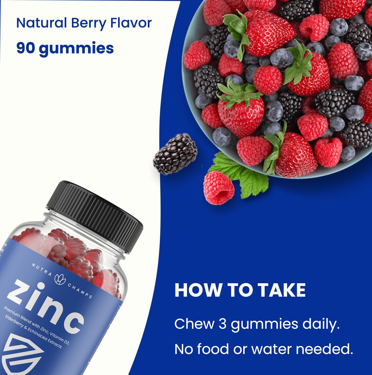 NutraChamps Zinc Gummies texte ingrédients sur l'emballage, information claire.