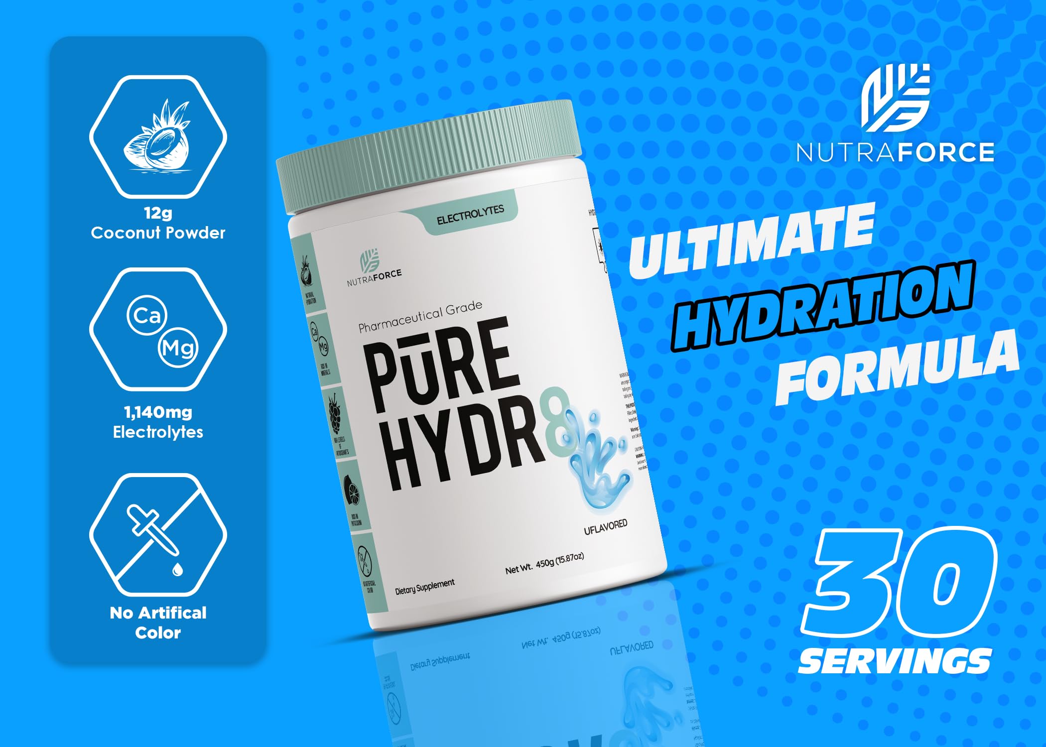 NutraForce Pure Hydr8 dissolution rapide dans eau froide.