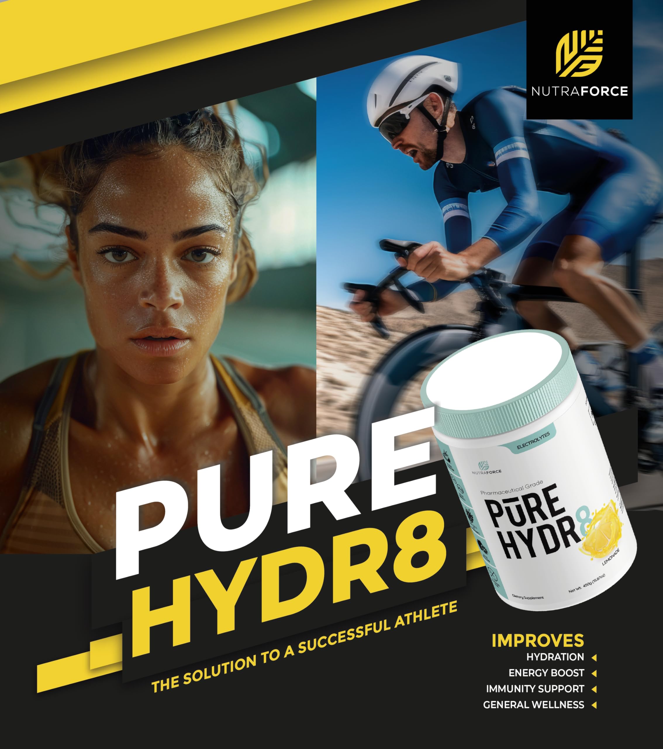 NutraForce Pure Hydr8 doseur dans bol-melangeur pour séances intensives.