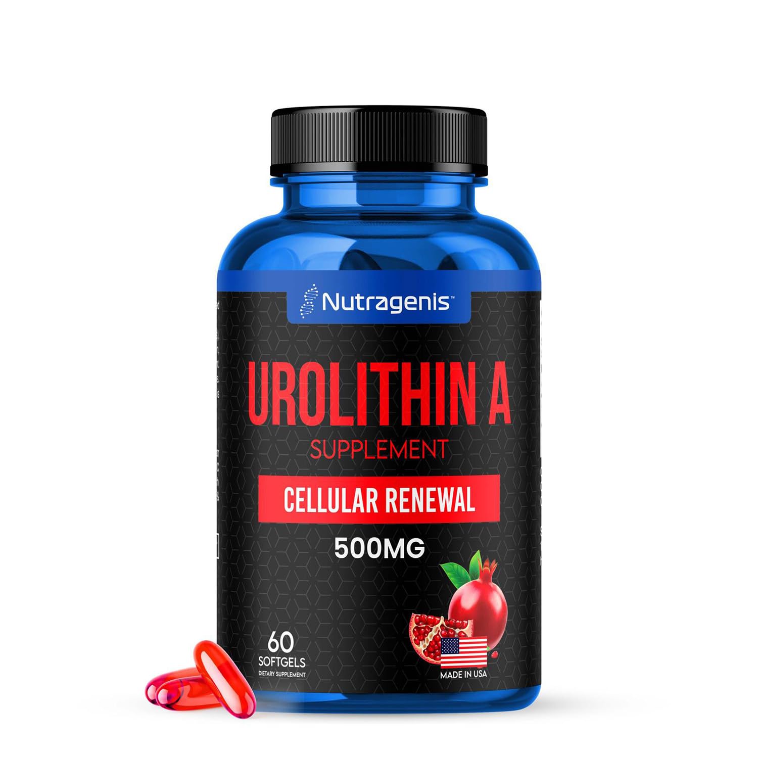 Nutragenis Urolithin A, bouteille de gélules softgel pour un soutien énergétique quotidien