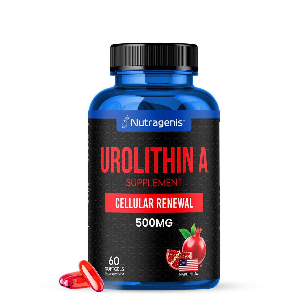 Nutragenis Urolithin A, bouteille de gélules softgel pour un soutien énergétique quotidien