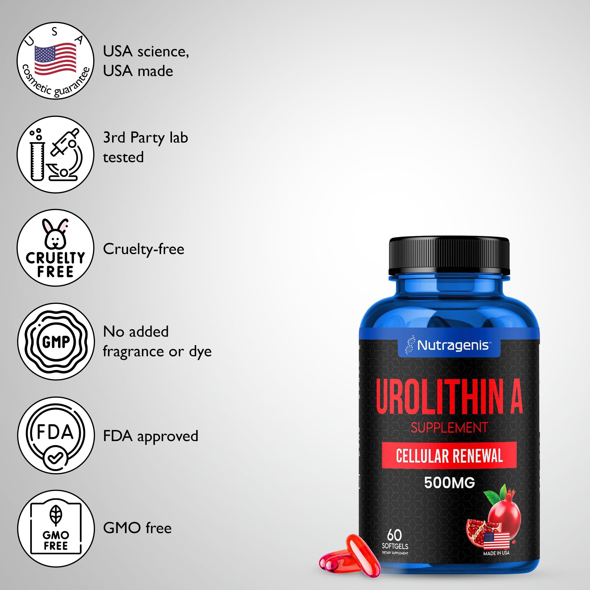 Nutragenis Urolithin A, emballage fabriqué aux États‑Unis avec traçabilité