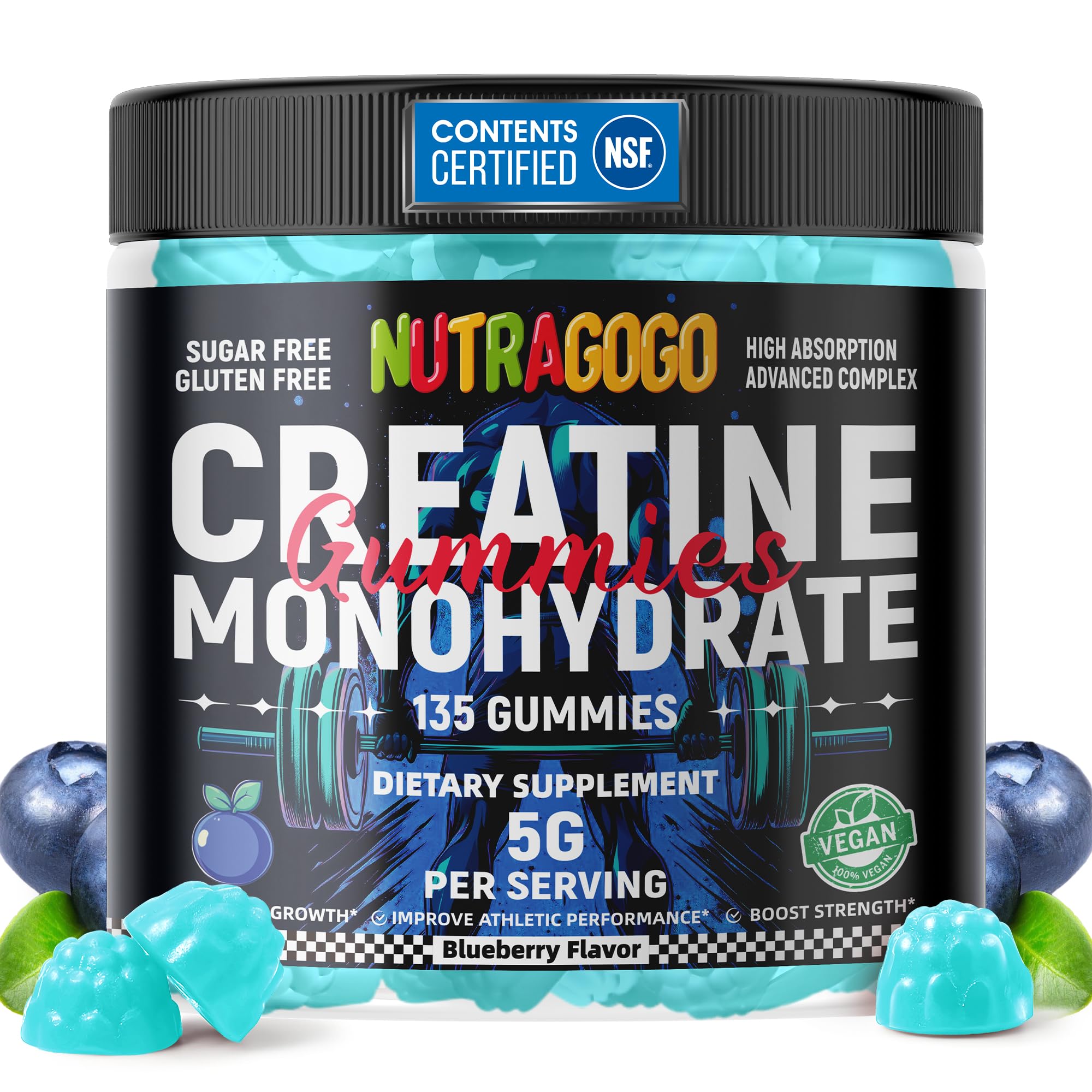 NUTRAGOGO Creatine Gummies, bouteille visible, pratique pour entraînement quotidien