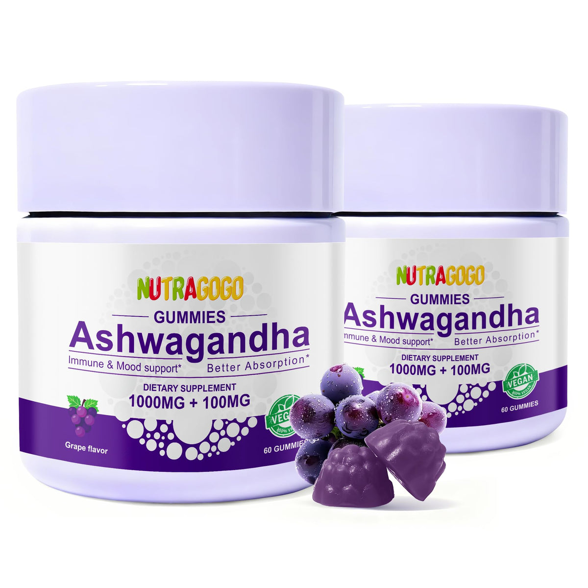 Gommes Ashwagandha NUTRAGOGO dans la bouteille, soutien immunitaire et détente.