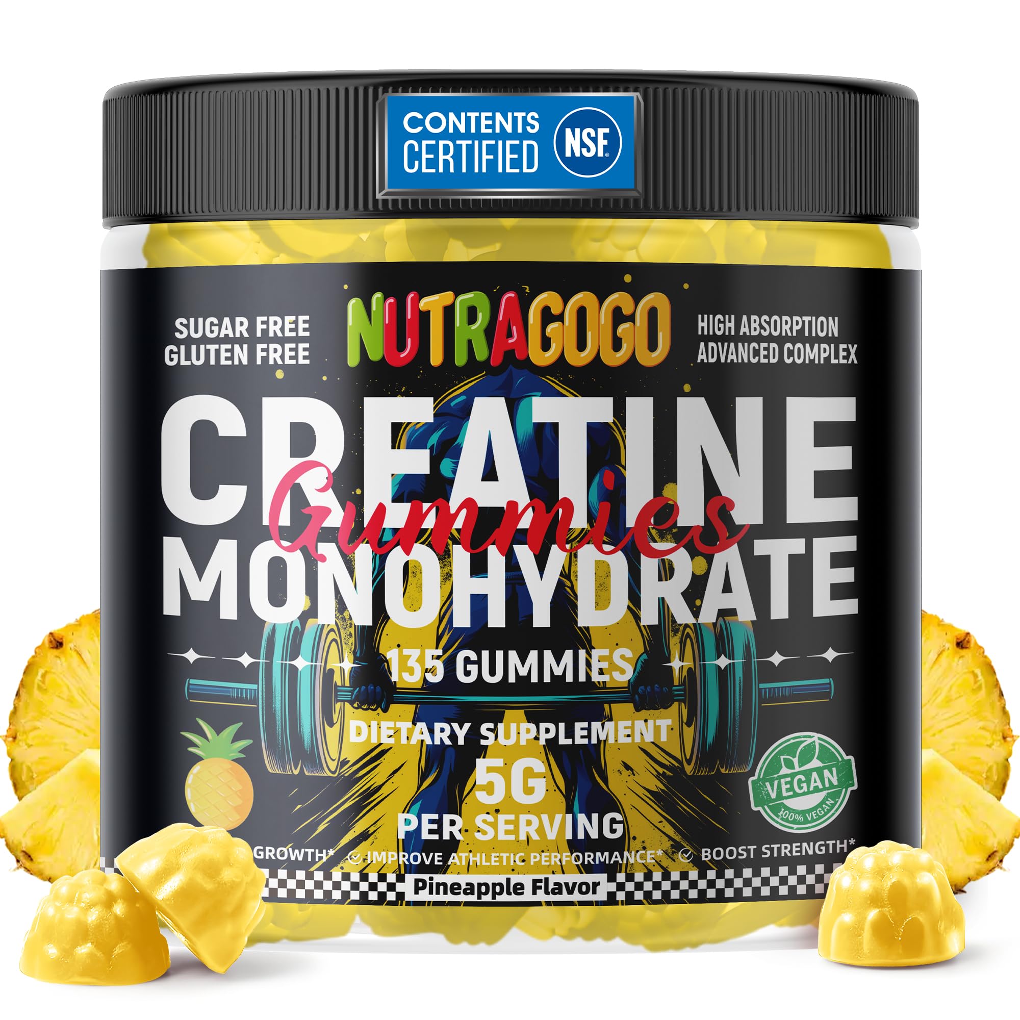 NUTRAGOGO Créatine Gomme – emballage 135 gommes, pratique et vegan pour l'entraînement.