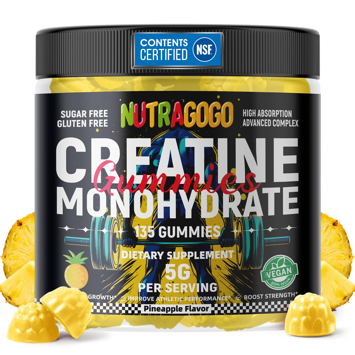 NUTRAGOGO Créatine Gomme – emballage 135 gommes, pratique et vegan pour l'entraînement.