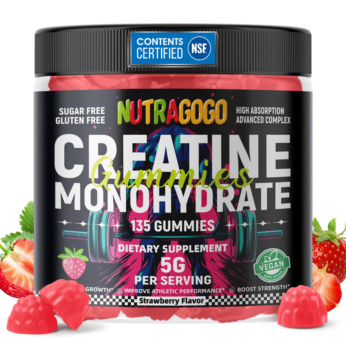 NUTRAGOGO Gommes de créatine, boîte affichée, pratique pour une routine sportive quotidienne